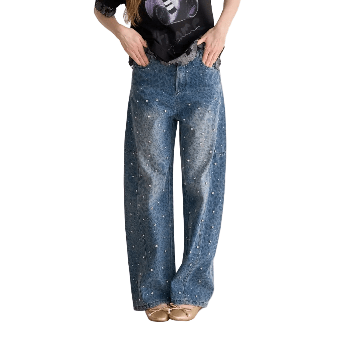 AIMME SPARROW Leopard Print Rhinestone Jeans In Blue | MADAX
