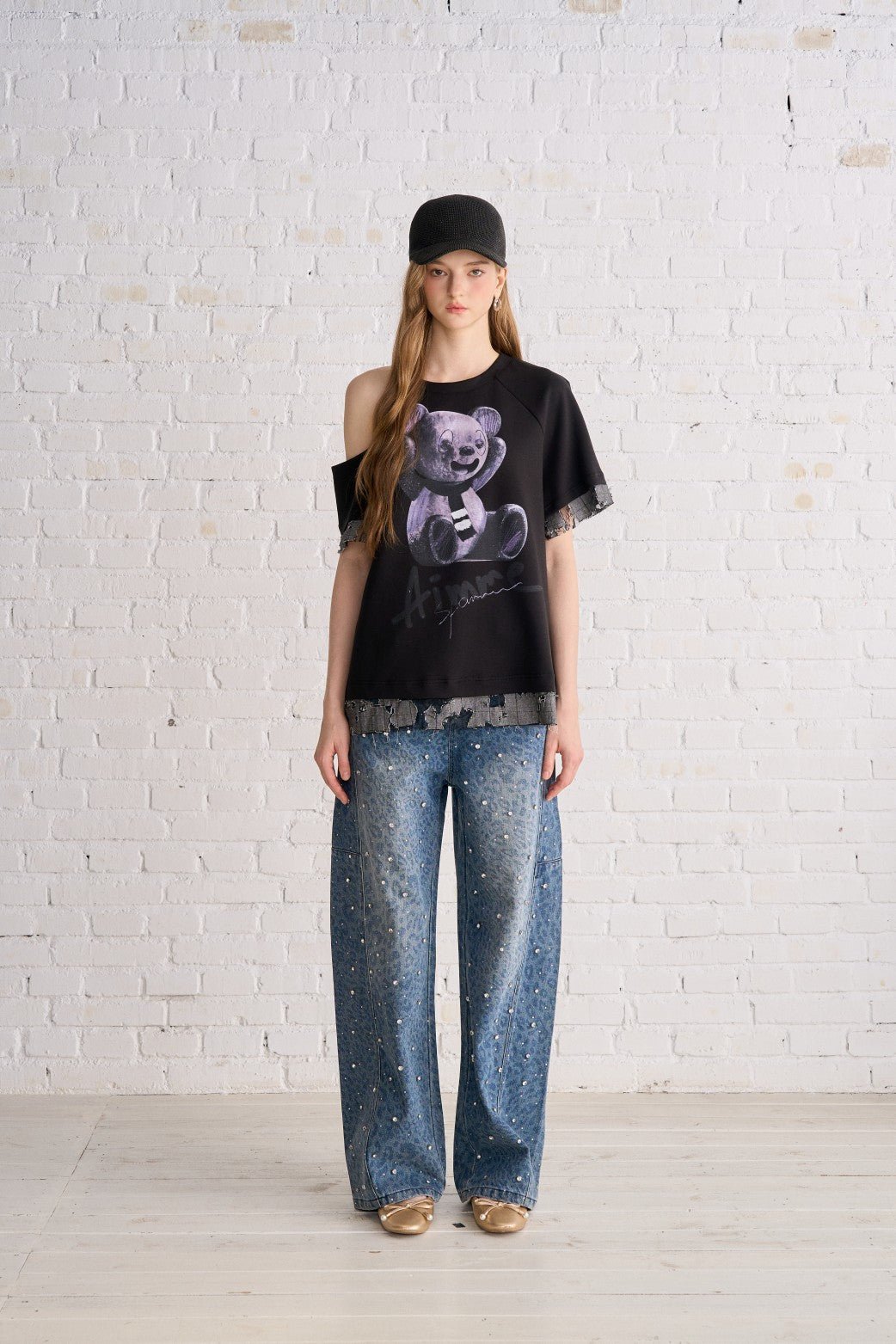 AIMME SPARROW Leopard Print Rhinestone Jeans In Blue | MADAX