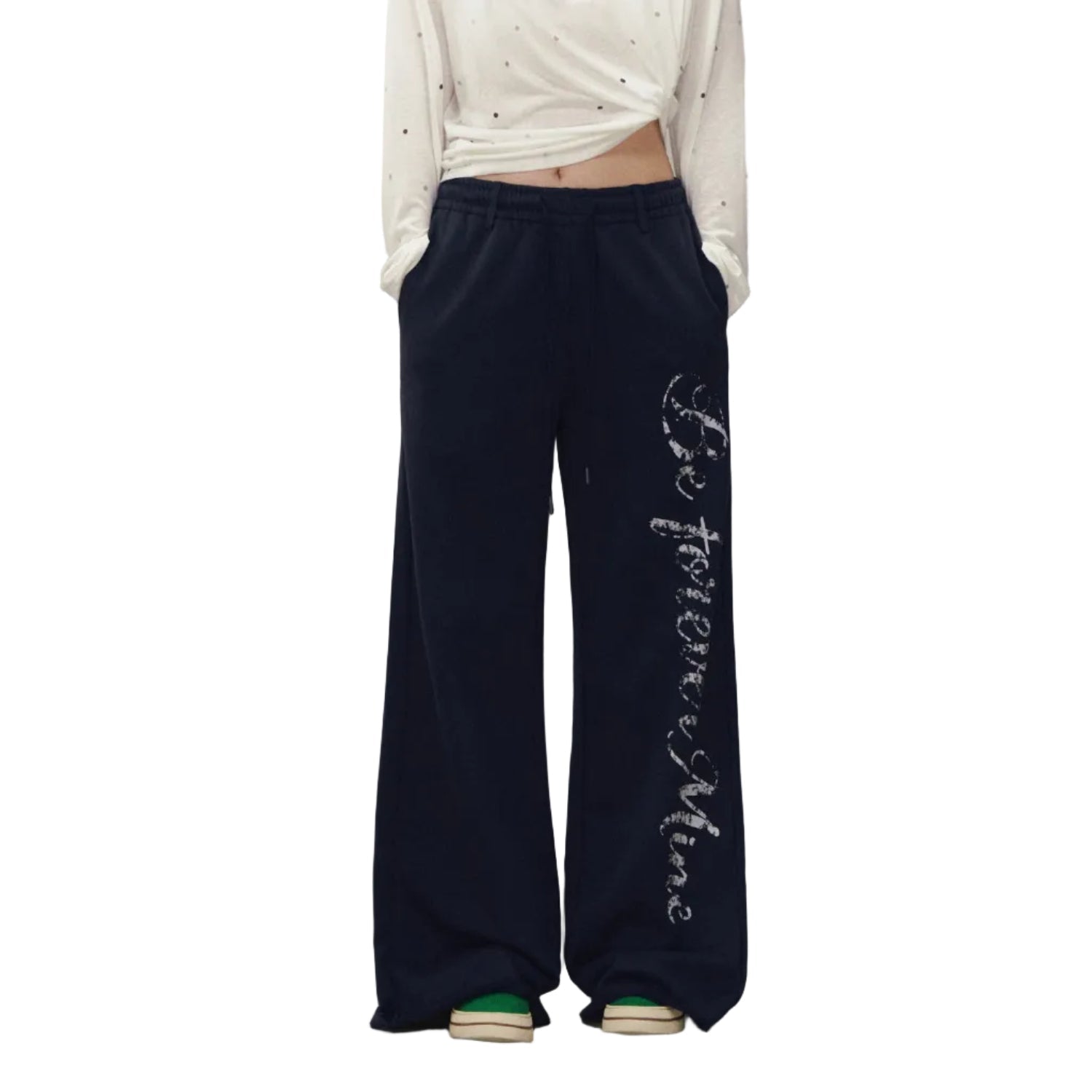 SOMESOWE Letter Print Casual Wide-Leg Pants in Navy Blue | MADAX