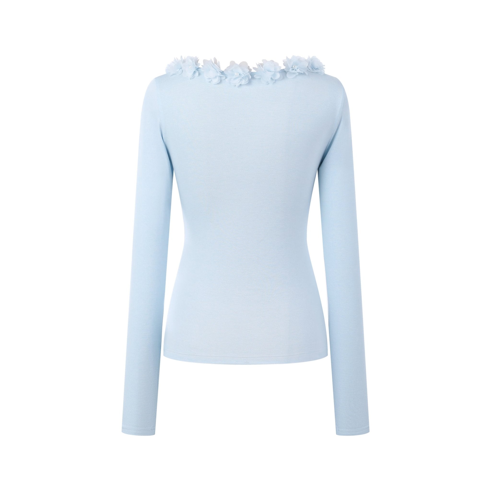 THREE QUARTERS Light Blue Large Round Neck Pearl Flower Slim Bottom Shirt | MADA IN CHINA