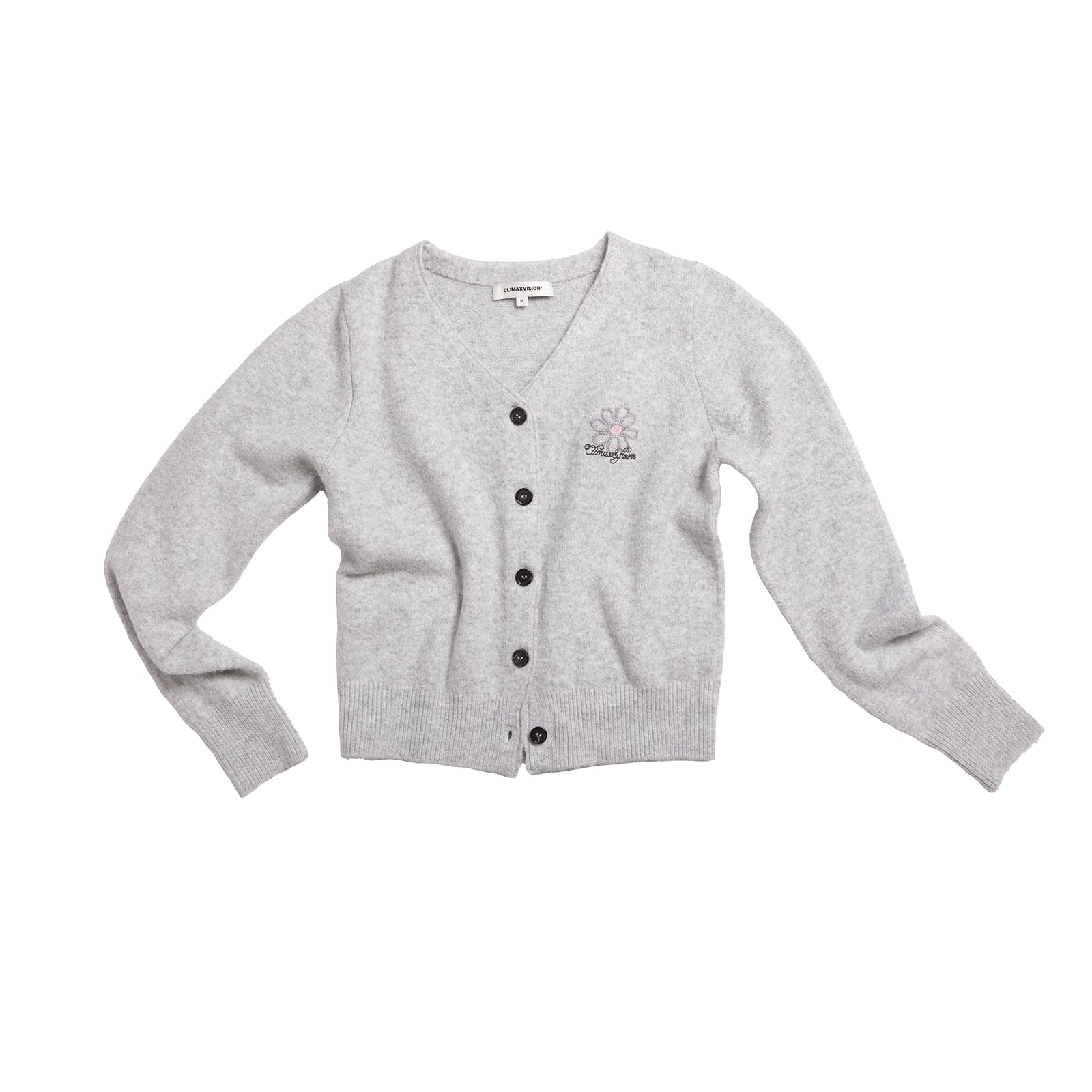 Climax Vision Light Gray Daisy Embroidery V - Neck Knitted Cardigan | MADAX