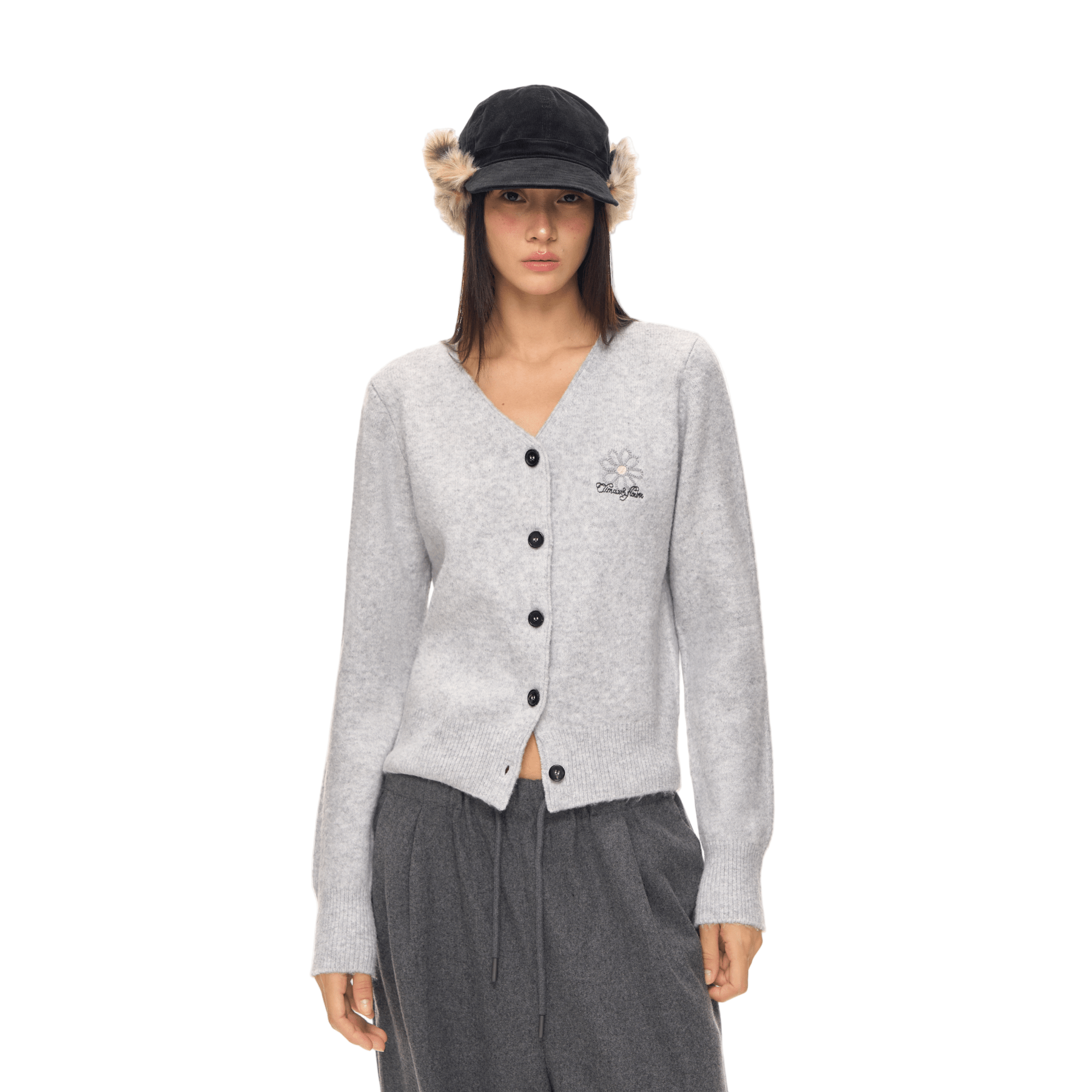 Climax Vision Light Gray Daisy Embroidery V - Neck Knitted Cardigan | MADAX
