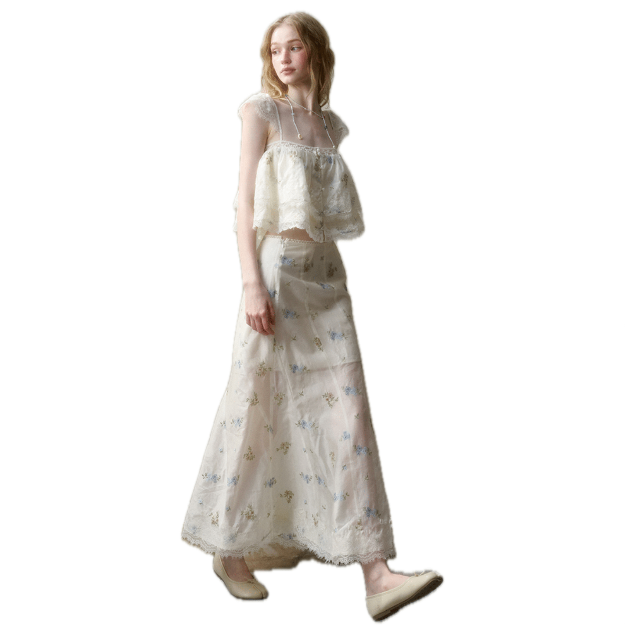 Group of Universe "Light" Lace Embroidered Flower Skirt in White | MADAX