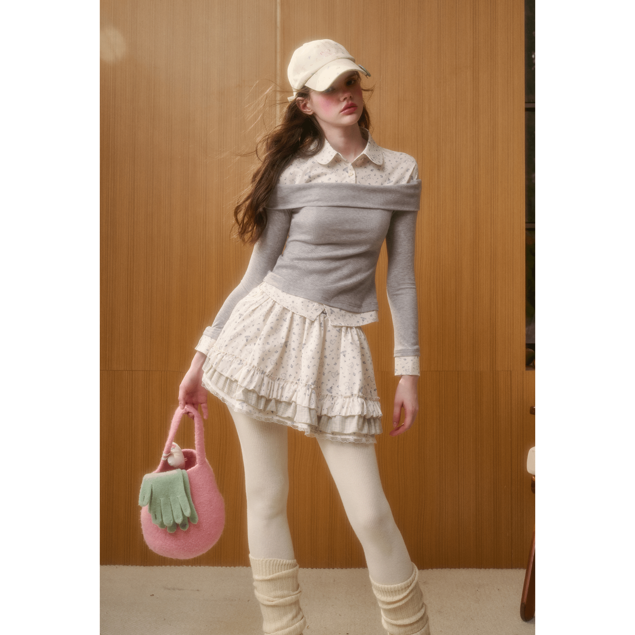 Group of Universe "Little Rabbit Fountain" Print Midi Skirt in Gray | MADAX