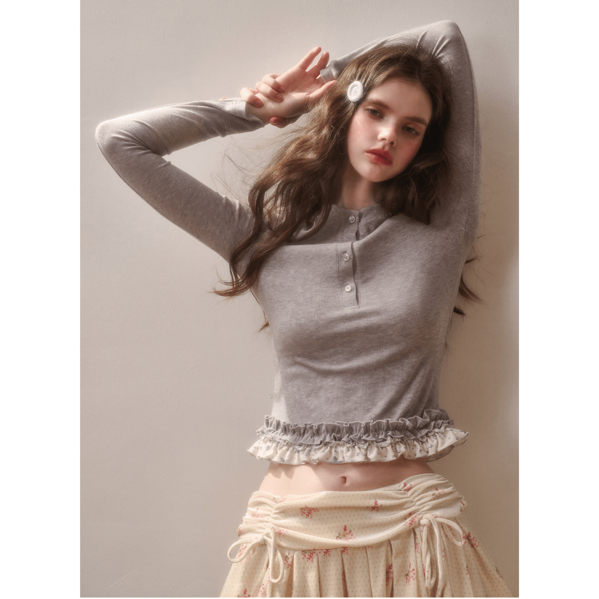 Group of Universe "Little Rabbit" Lace Hem Top in Gray | MADAX