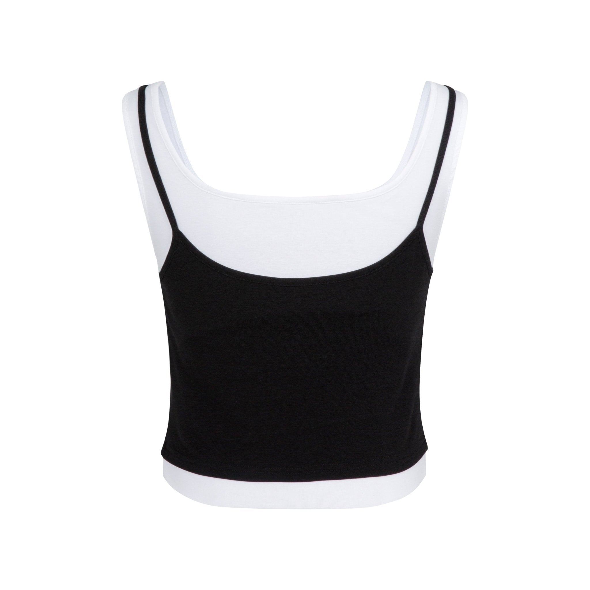 THREE QUARTERS Logo Drill Label False Two Piece Camisole Tank Top Black | MADA IN CHINA