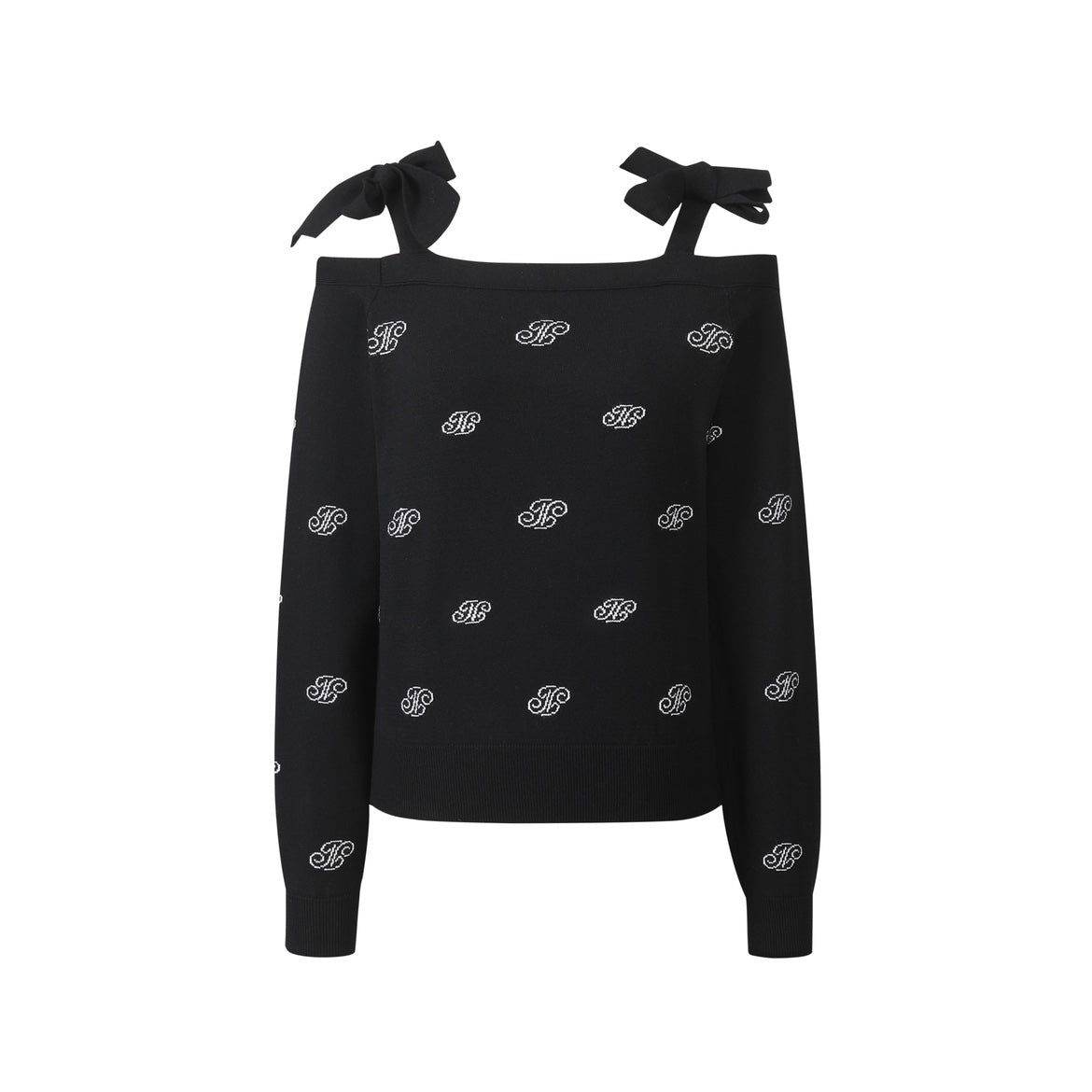 THREE QUARTERS Logo Jacquard Bow Tie Knit Strapless Top | MADA IN CHINA