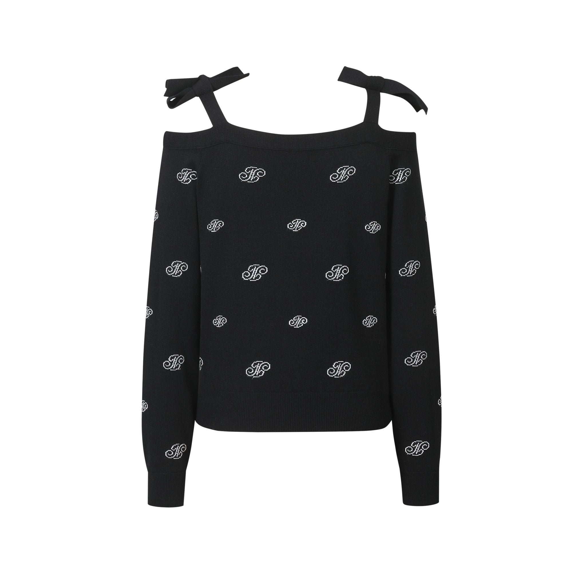 THREE QUARTERS Logo Jacquard Bow Tie Knit Strapless Top | MADA IN CHINA