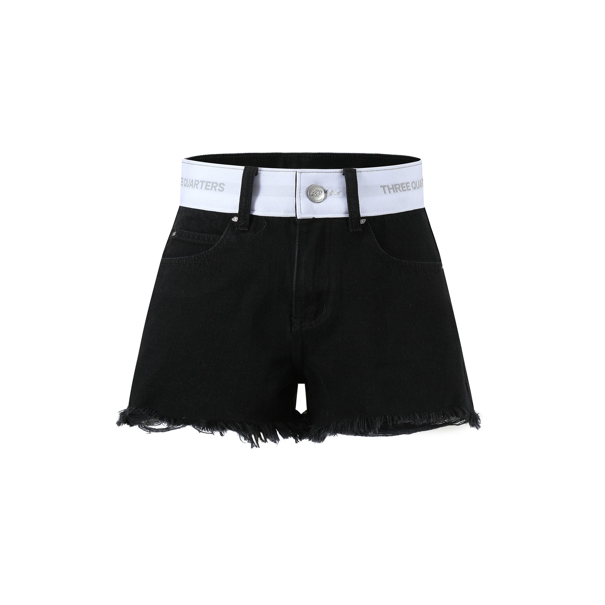 THREE QUARTERS Logo Stretch Webbing Patchwork Waistband Raw Edge Shorts | MADA IN CHINA