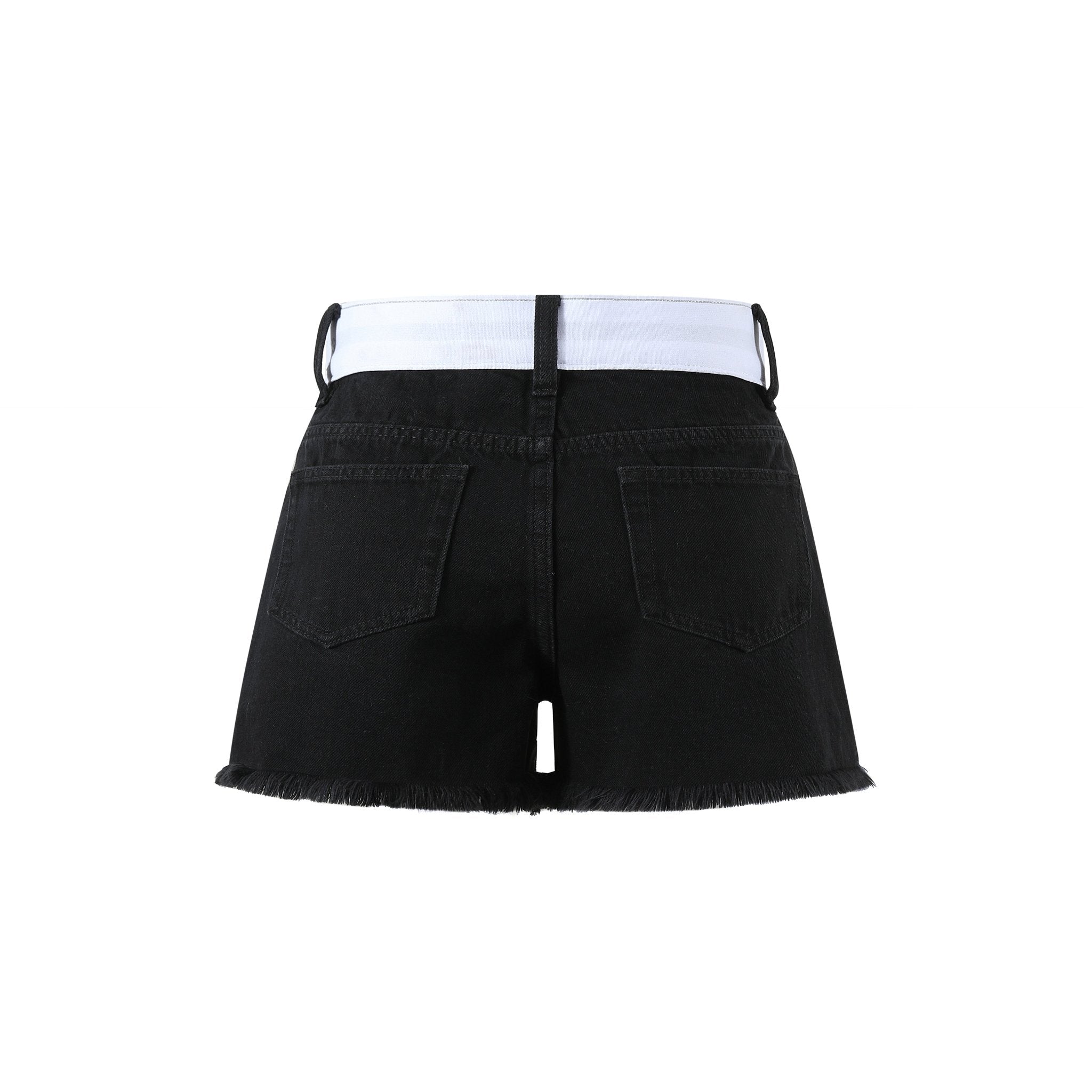 THREE QUARTERS Logo Stretch Webbing Patchwork Waistband Raw Edge Shorts | MADA IN CHINA