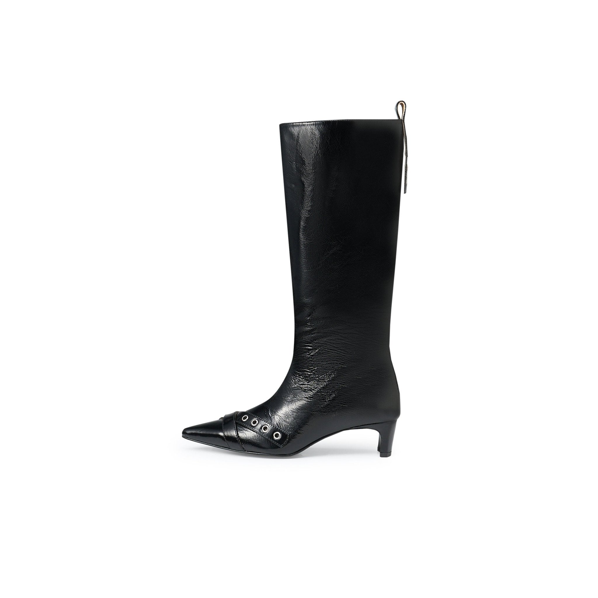 LOST IN ECHO Long Boots With Pointed Air Eyes Low Heels In Black | MADAX