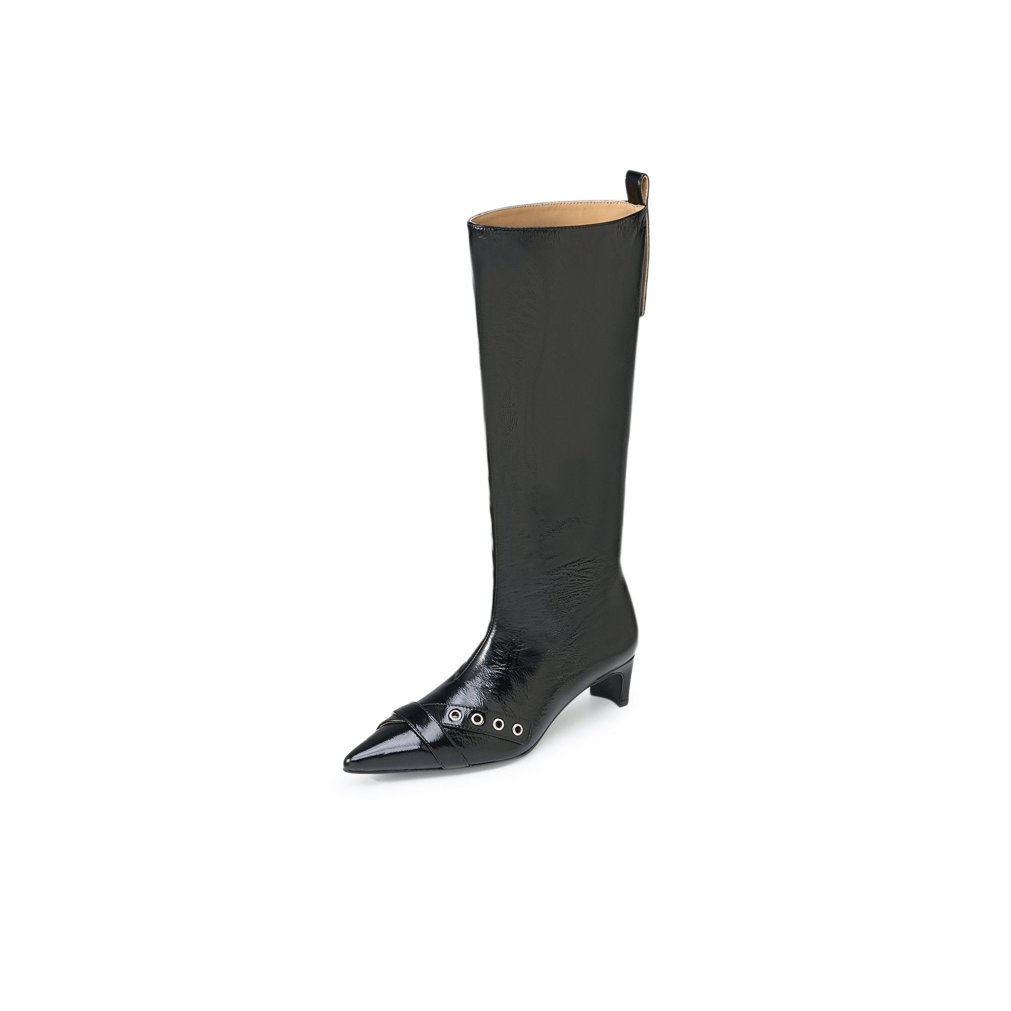 LOST IN ECHO Long Boots With Pointed Air Eyes Low Heels In Black | MADAX