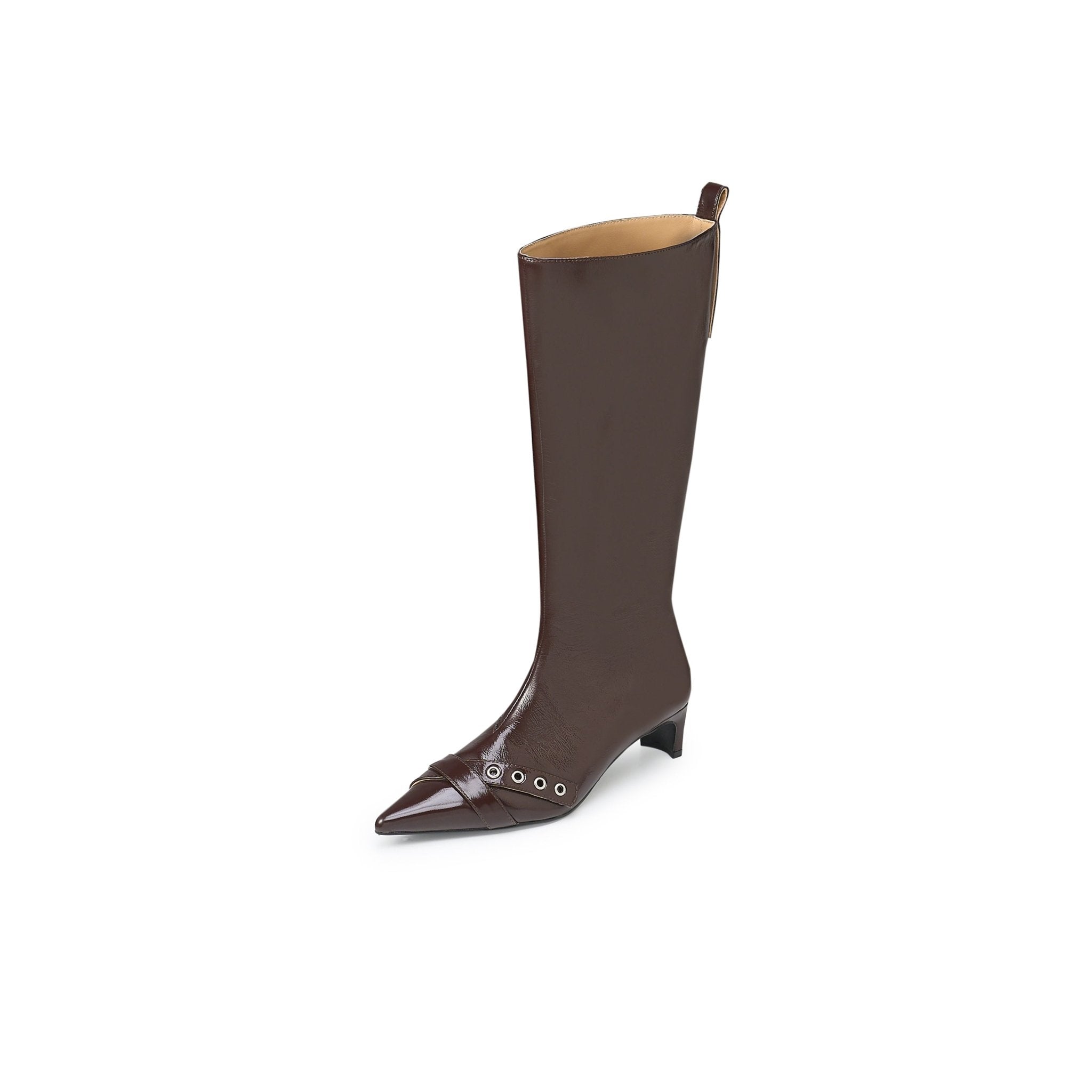 LOST IN ECHO Long Boots With Pointed Air Eyes Low Heels In Brown | MADAX