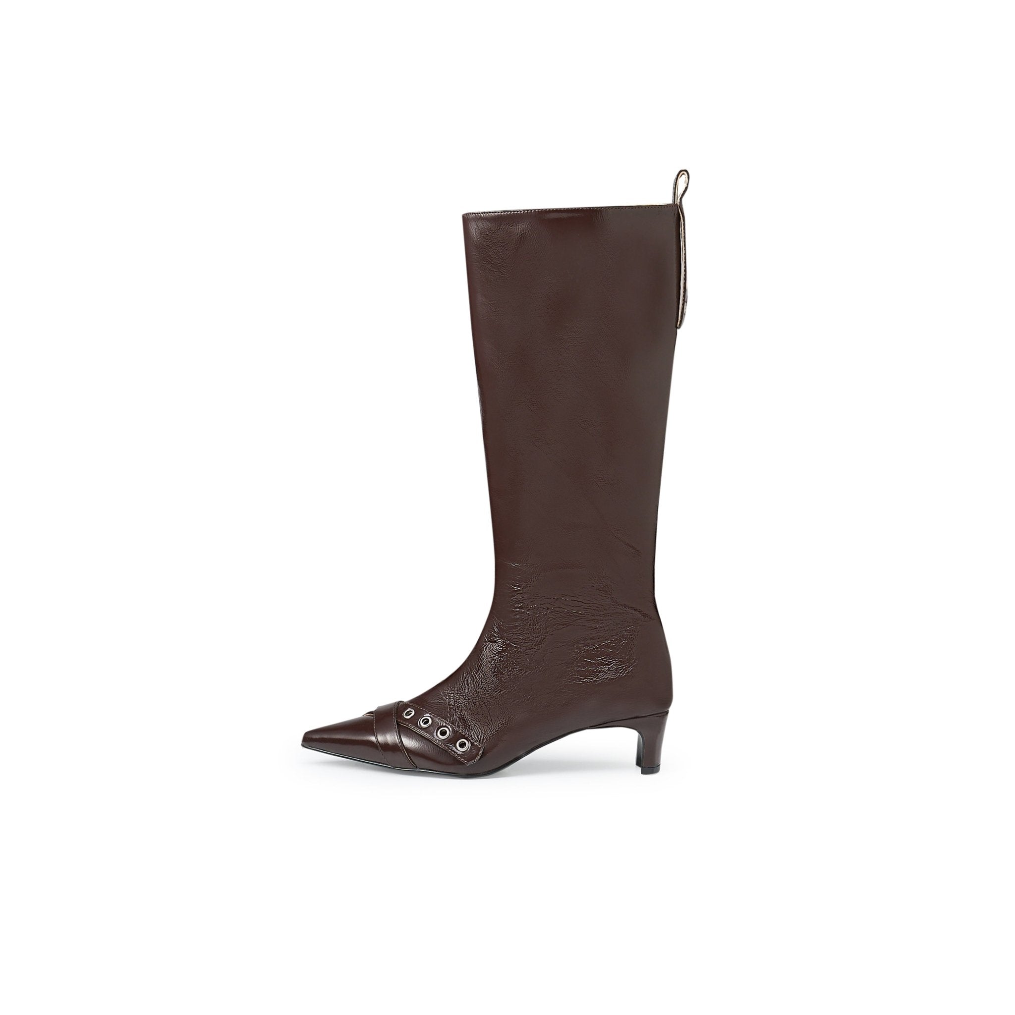 LOST IN ECHO Long Boots With Pointed Air Eyes Low Heels In Brown | MADAX