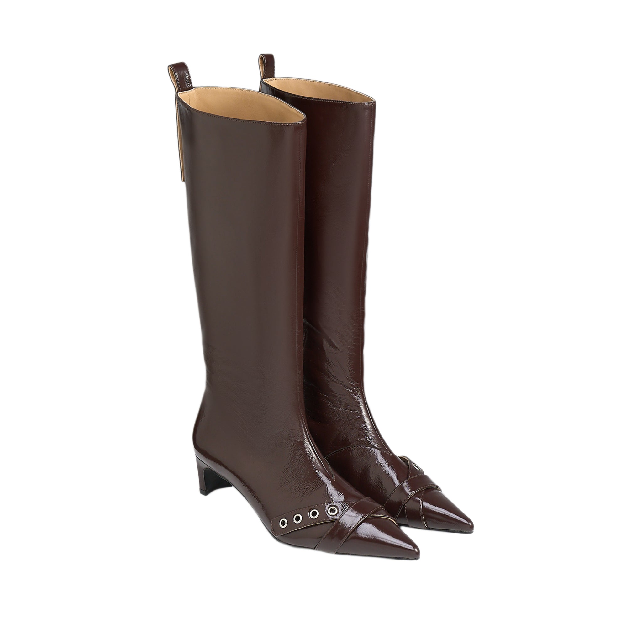 LOST IN ECHO Long Boots With Pointed Air Eyes Low Heels In Brown | MADAX