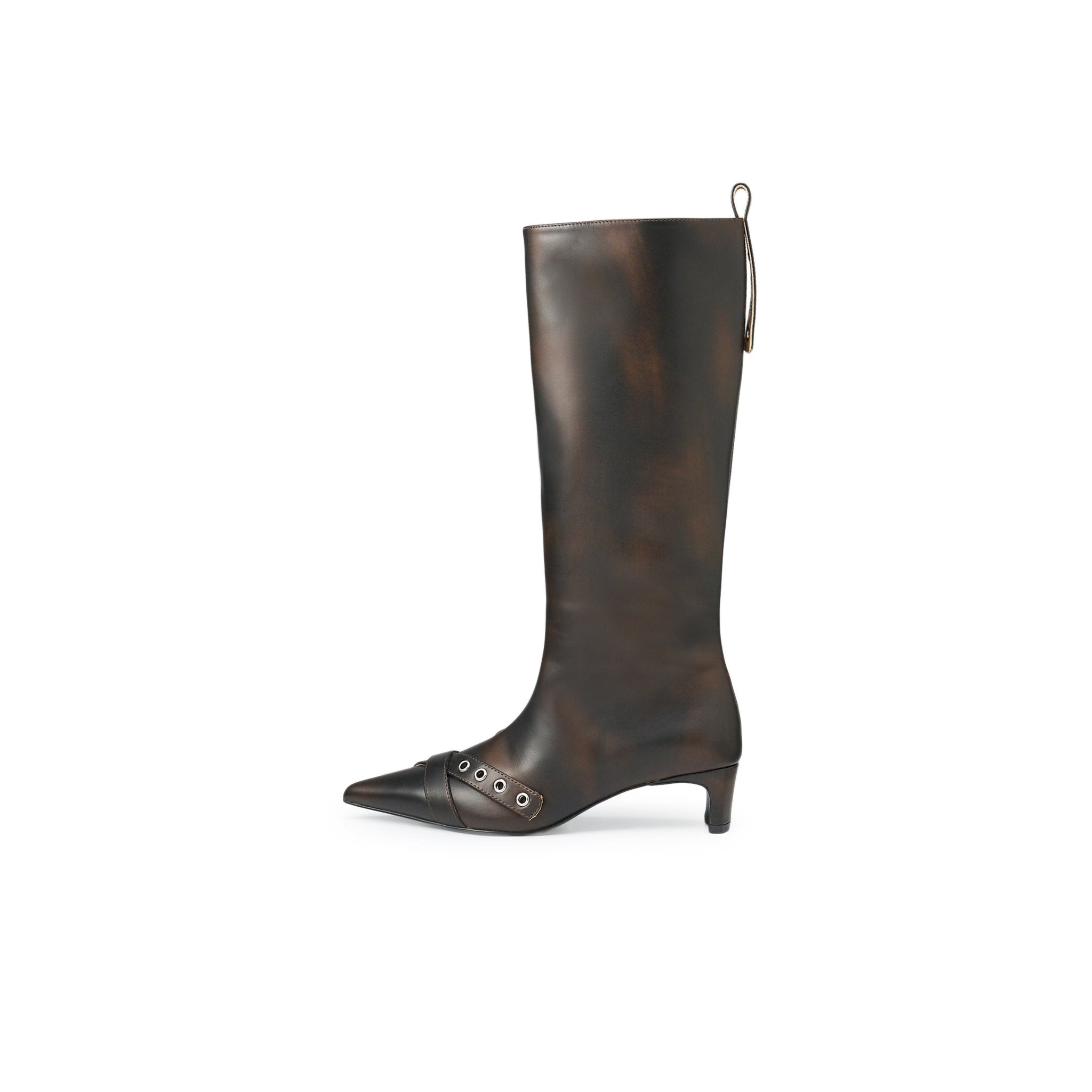 LOST IN ECHO Long Boots With Pointed Air Eyes Low Heels In Dark Brown | MADAX