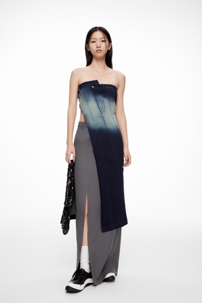 LOST IN ECHO Long Slit Bandeau Acid Wash Denim Top | MADA IN CHINA