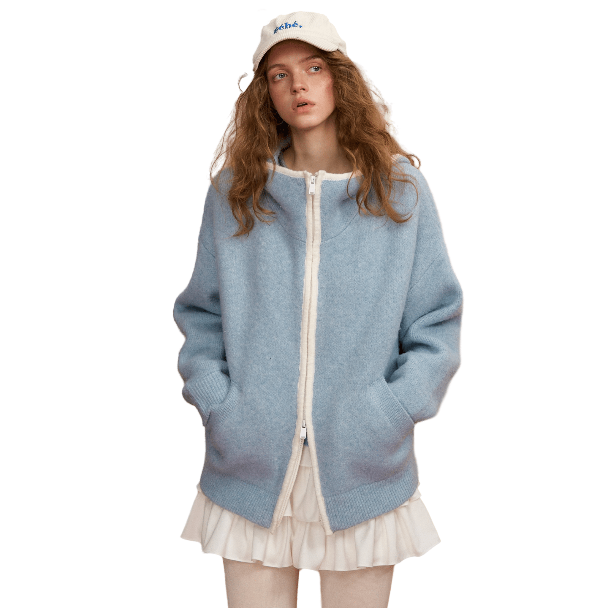 SOMESOWE Loose - fitting Color - blocked Hooded Cardigan in Blue | MADAX