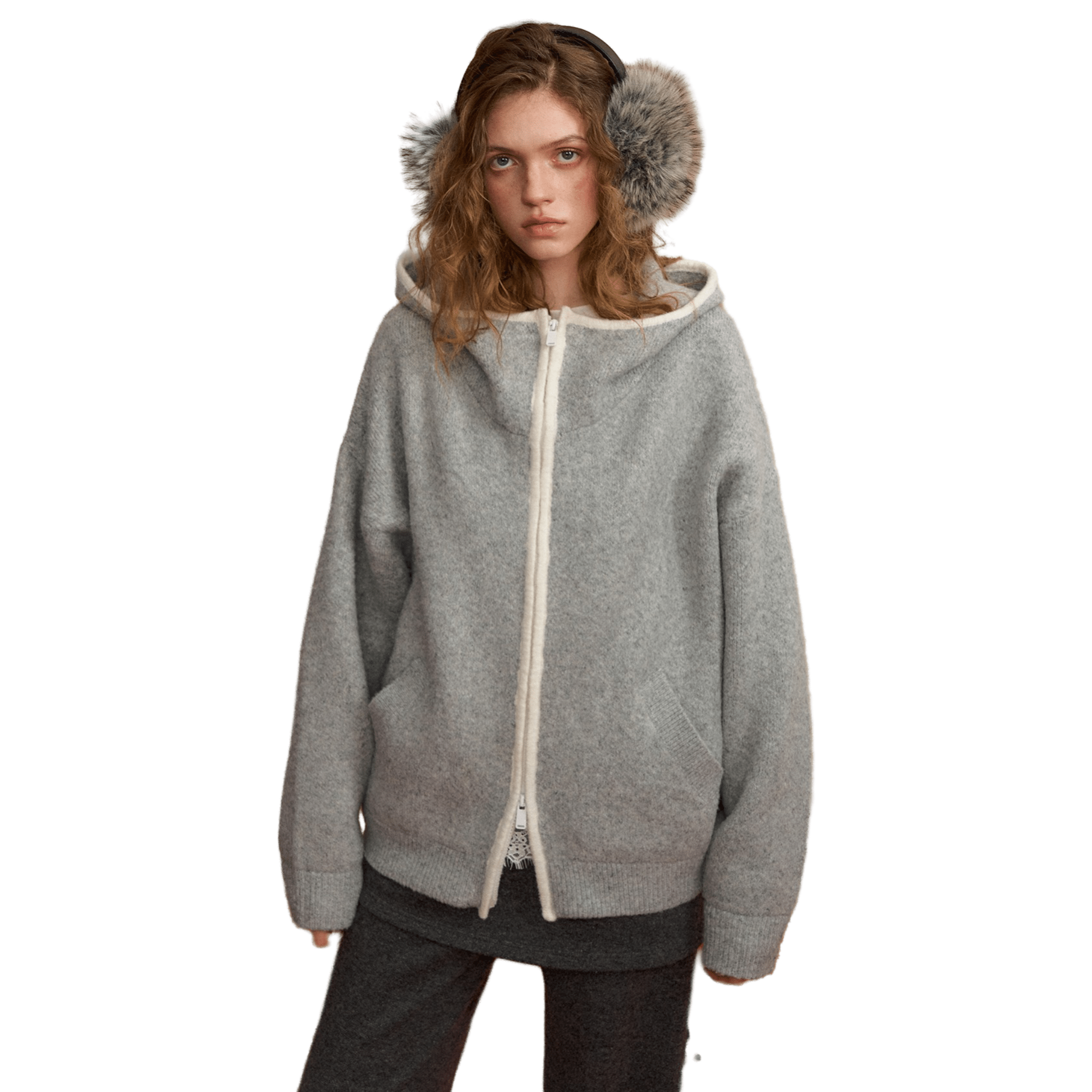 SOMESOWE Loose - fitting Color - blocked Hooded Cardigan in Gray | MADAX