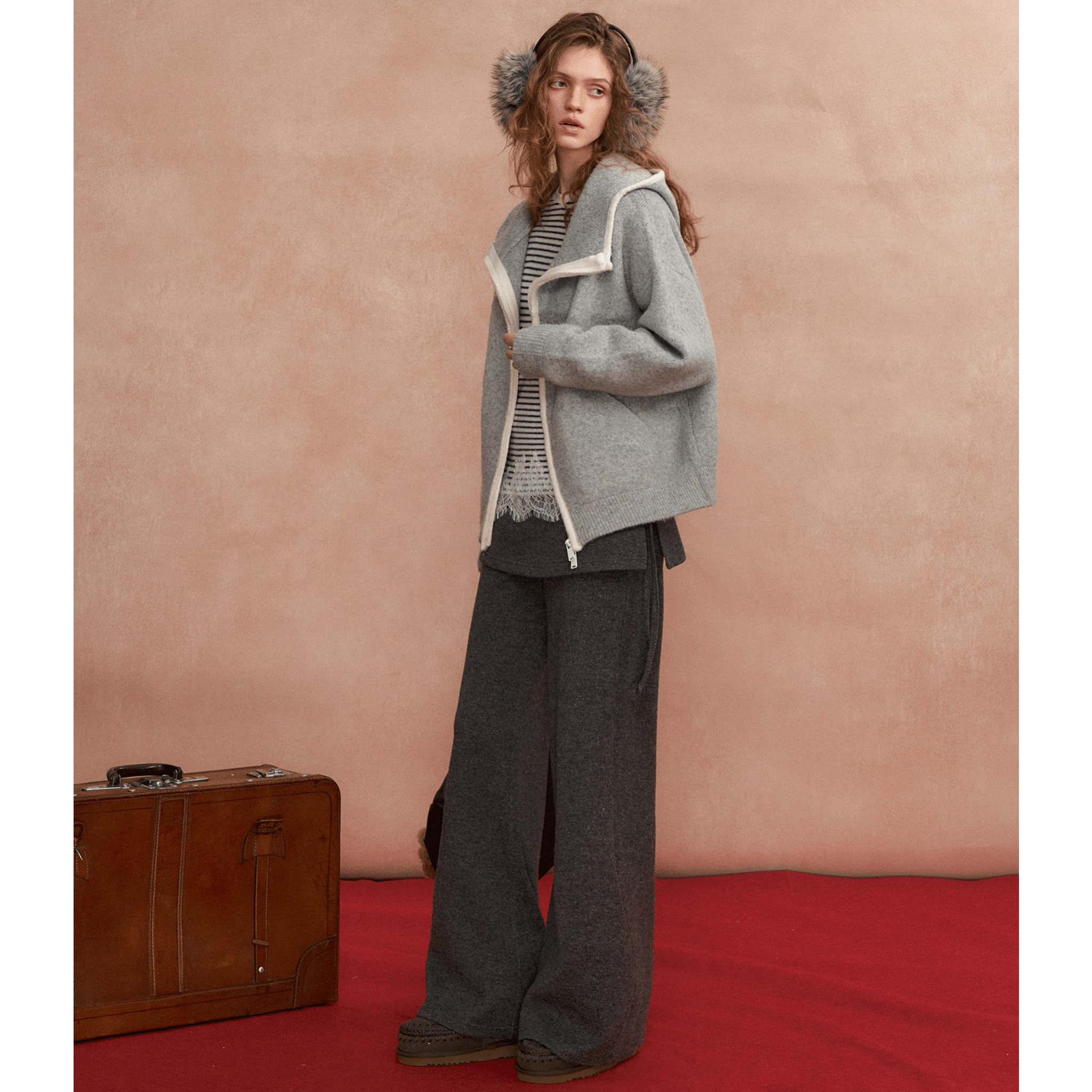 SOMESOWE Loose - fitting Color - blocked Hooded Cardigan in Gray | MADAX