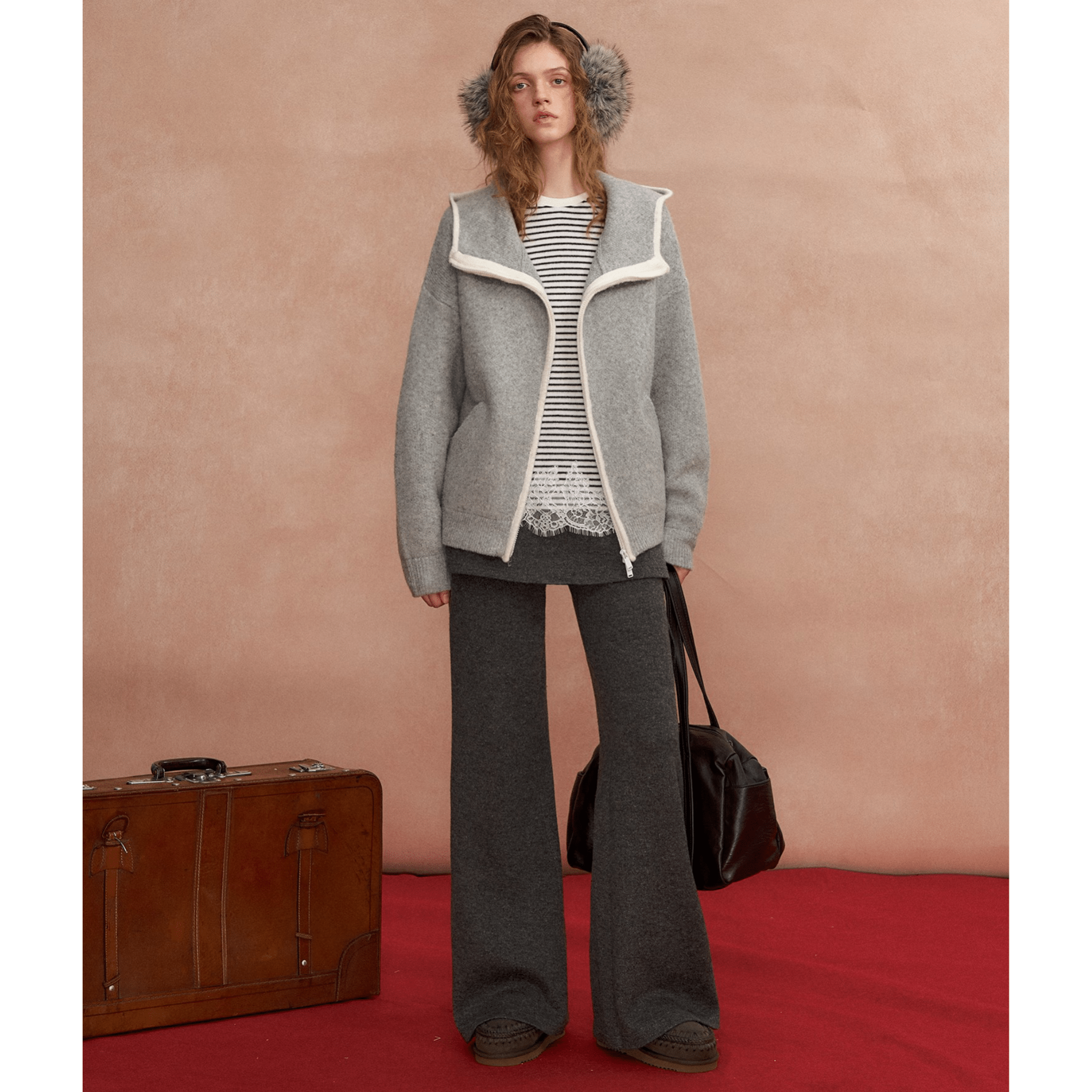SOMESOWE Loose - fitting Color - blocked Hooded Cardigan in Gray | MADAX