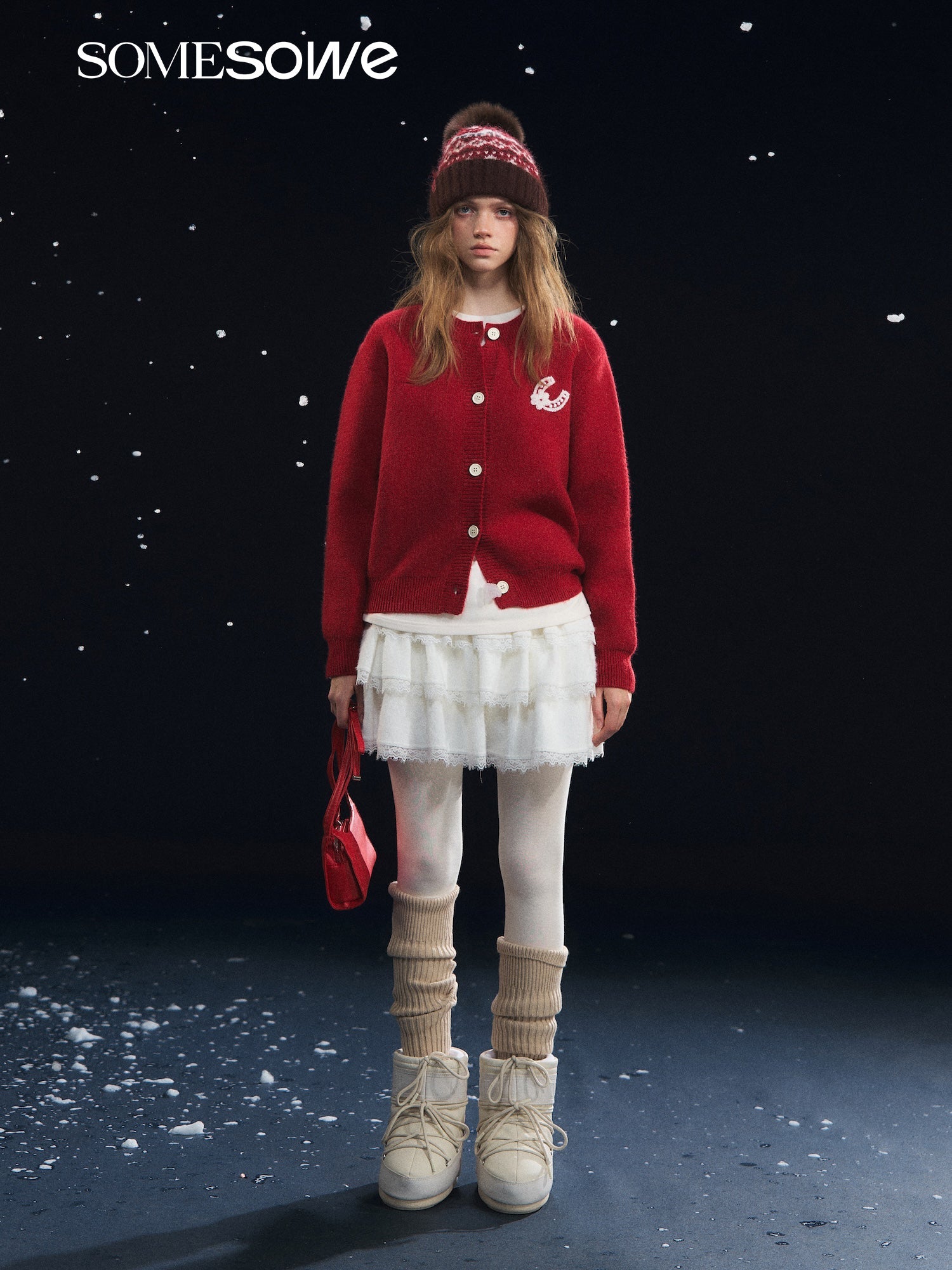 SOMESOWE Lucky Pony Round Neck Cardigan In Red | MADAX