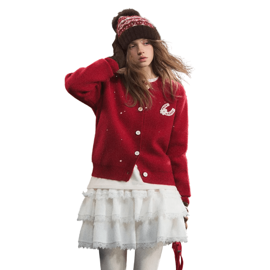 SOMESOWE Lucky Pony Round Neck Cardigan In Red | MADAX