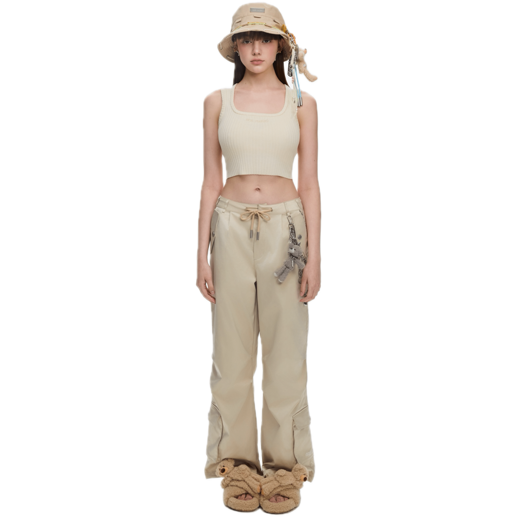 13DE MARZO Luminous Doll Cross Fur Slippers in Khaki | MADAX