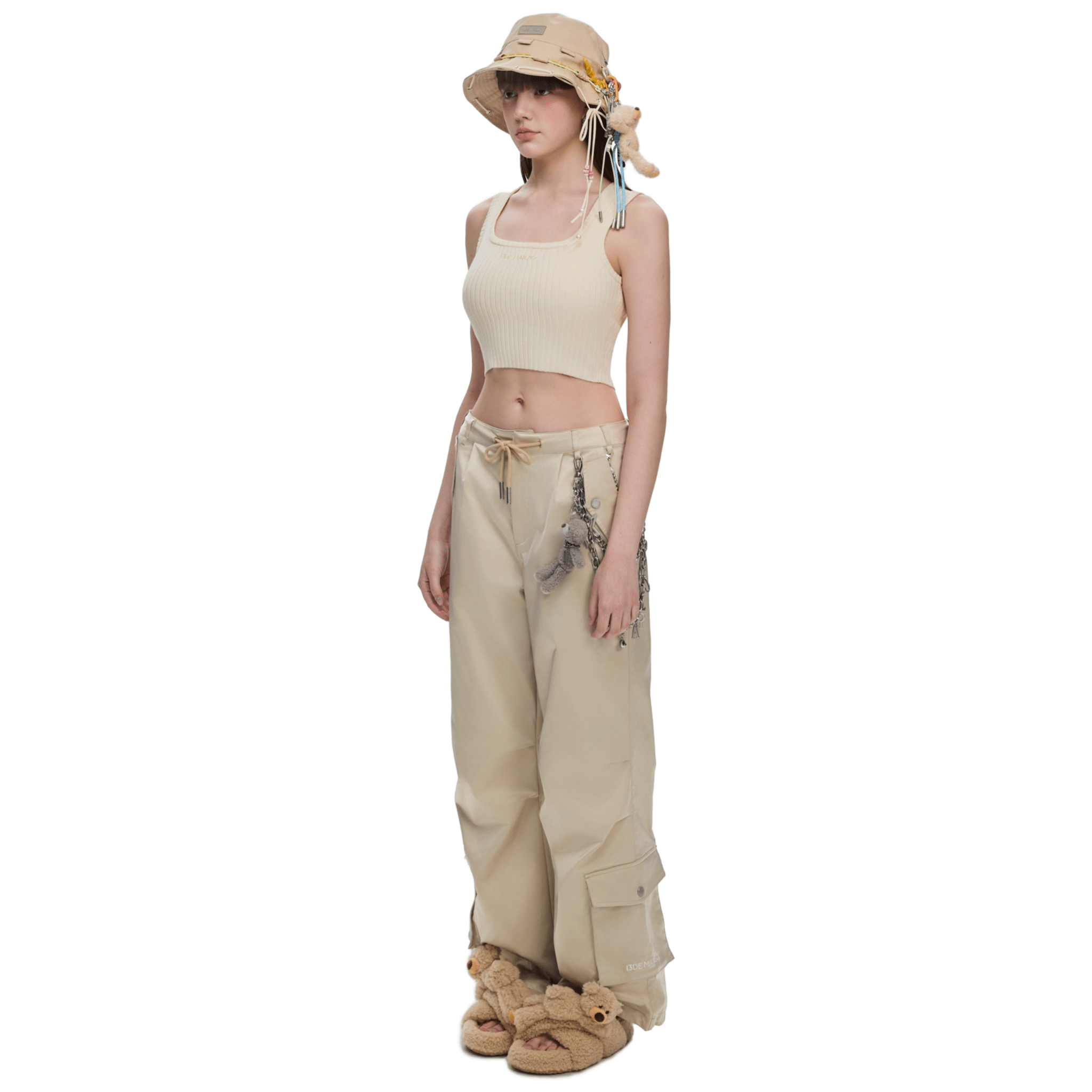 13DE MARZO Luminous Doll Cross Fur Slippers in Khaki | MADAX