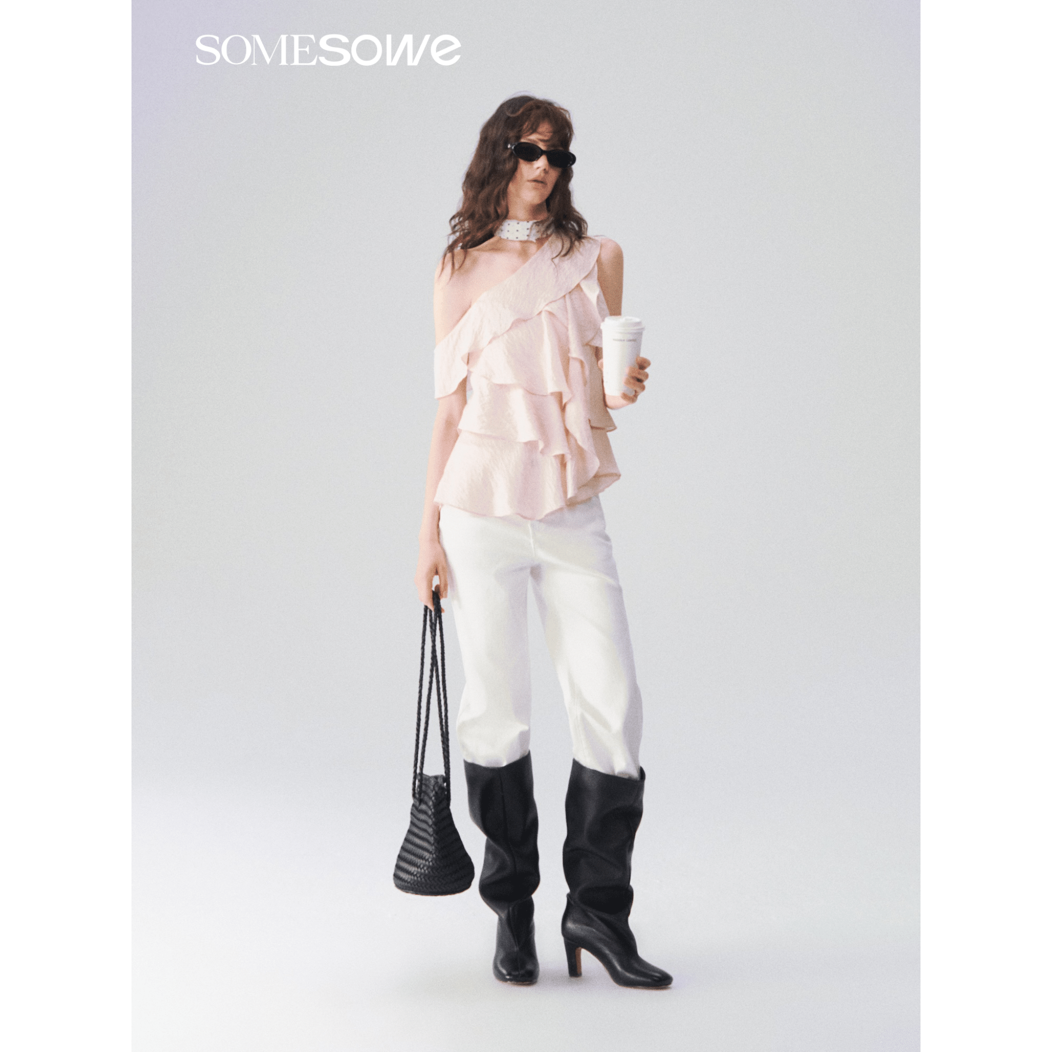 SOMESOWE Multi-layered Ruffled Off-shoulder Top in Pink | MADAX