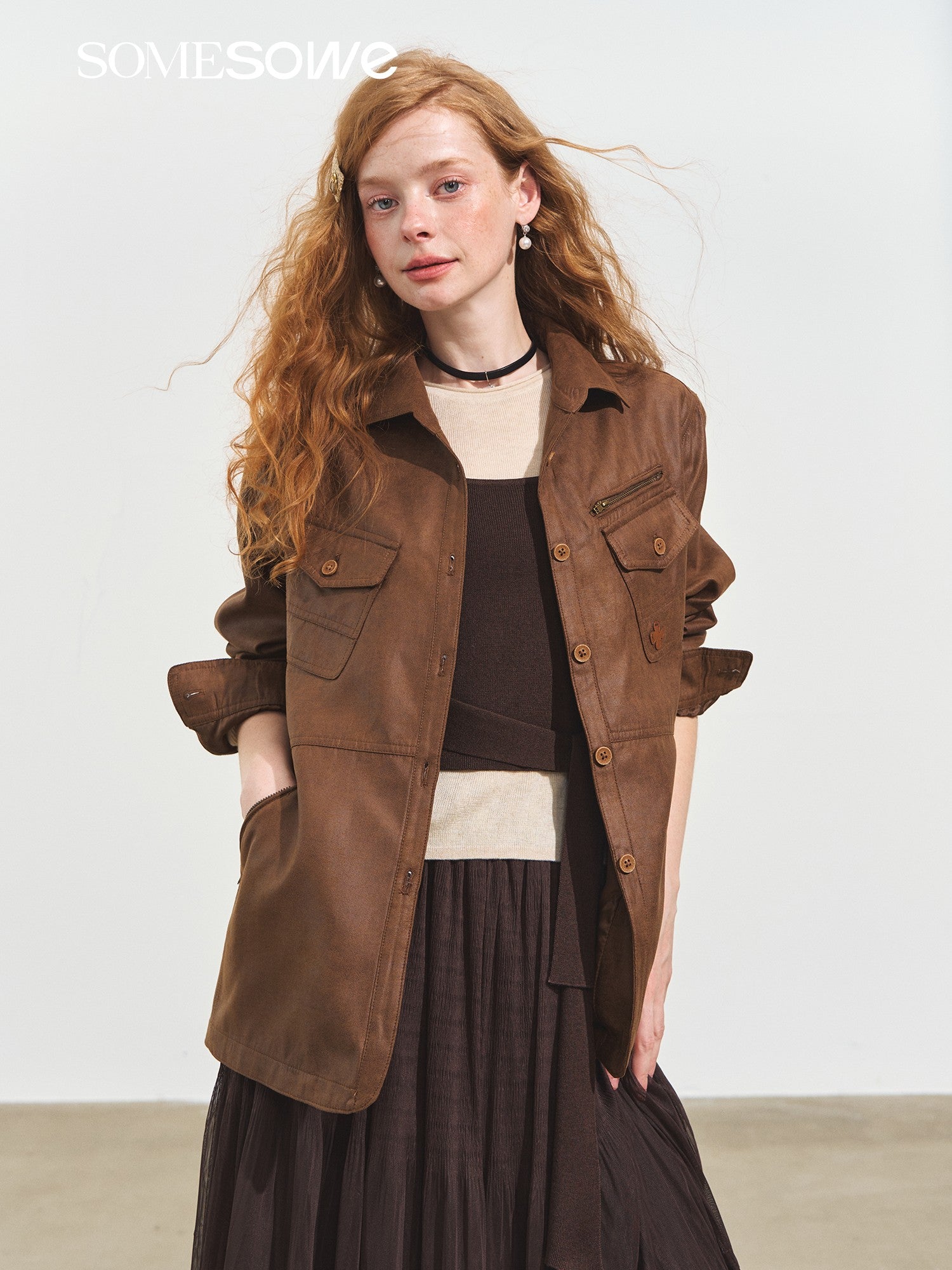 SOMESOWE Multi - pocket Casual Suede Jacket In Brown | MADAX