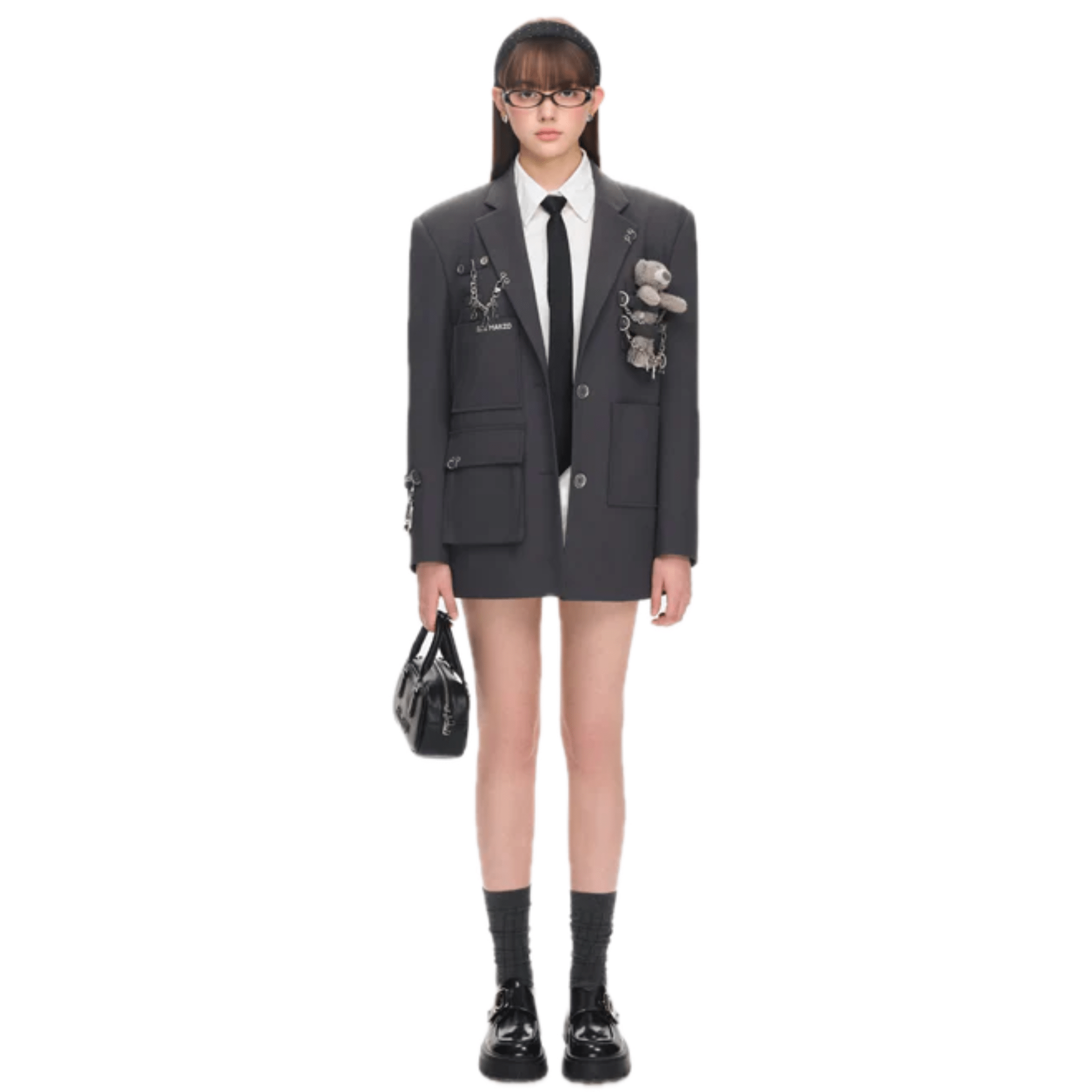 13DE MARZO Multi - pocket Metal Chain Suit in Dark Gray | MADAX