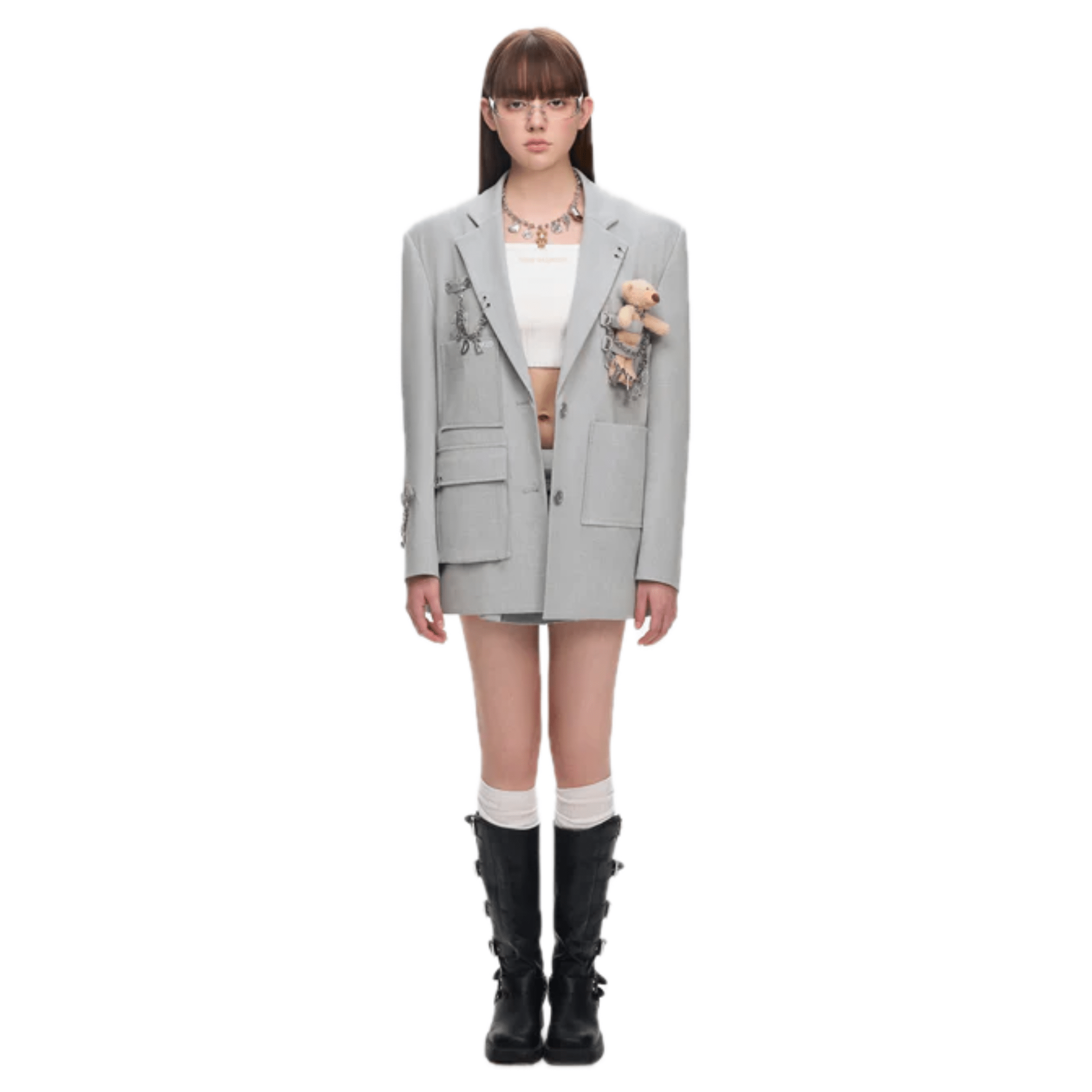13DE MARZO Multi - pocket Metal Chain Suit in Gray | MADAX