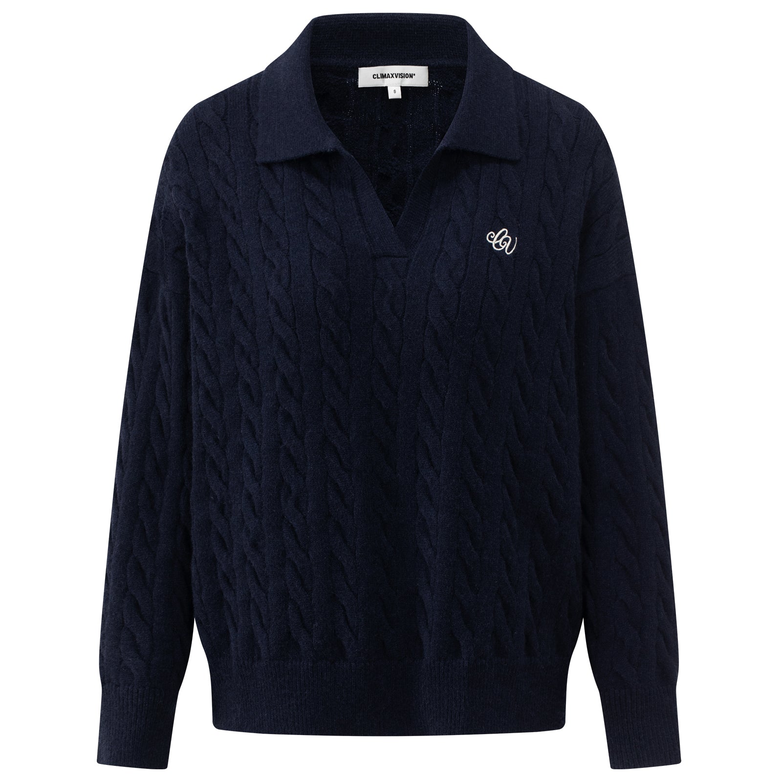 CLIMAX VISION Navy Blue Cable Knit Suit Polo Collar Embroidered Soft Knit Sweater | MADAX