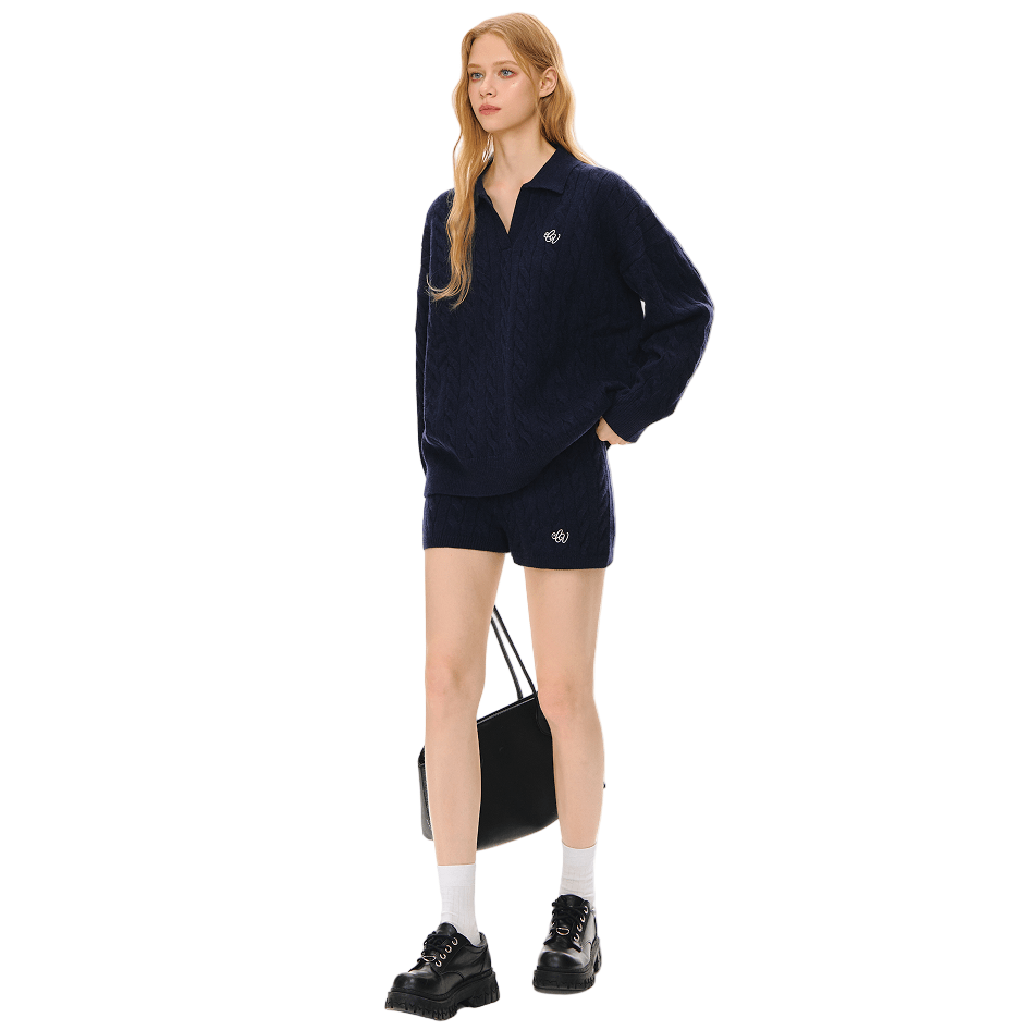 CLIMAX VISION Navy Blue Cable Knit Suit Polo Collar Embroidered Soft Knit Sweater | MADAX