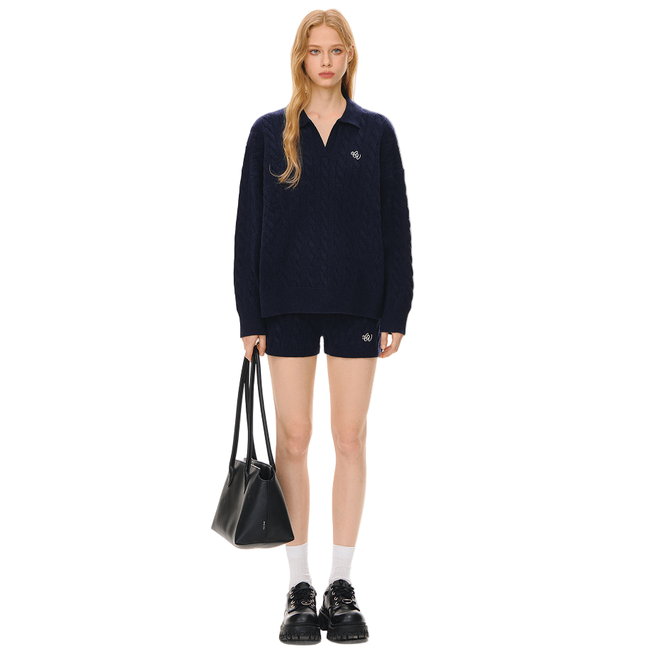 CLIMAX VISION Navy Blue Cable Knit Suit Polo Collar Embroidered Soft Knit Sweater | MADAX