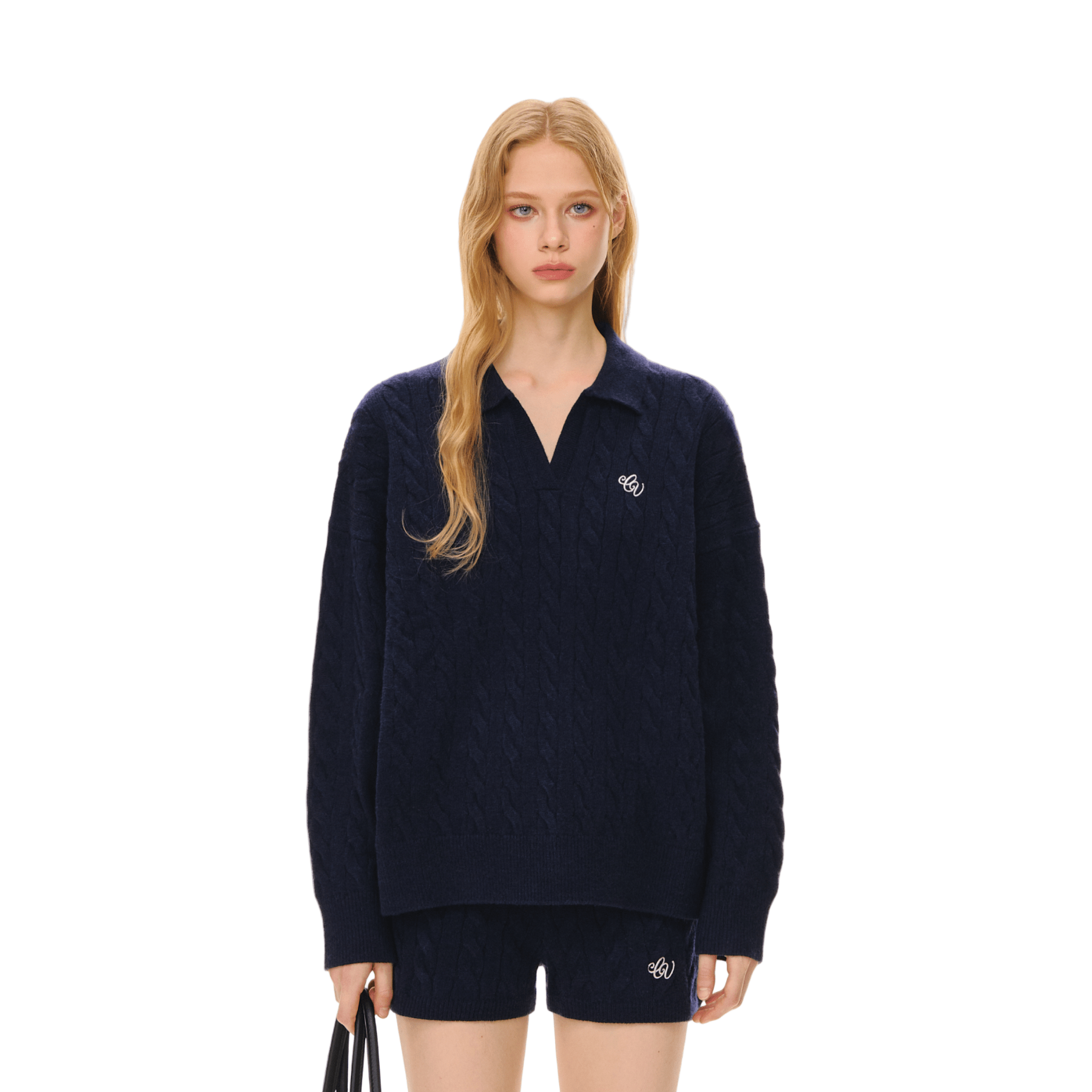 CLIMAX VISION Navy Blue Cable Knit Suit Polo Collar Embroidered Soft Knit Sweater | MADAX