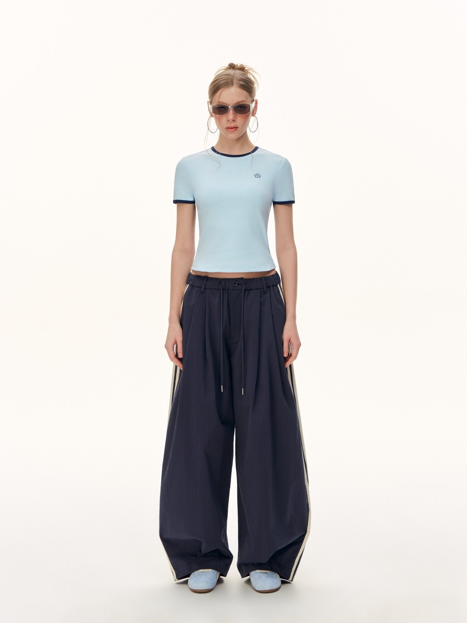 CLIMAX VISION Navy Blue Floral Embroidered Side Striped Wide - Leg Pants | MADAX