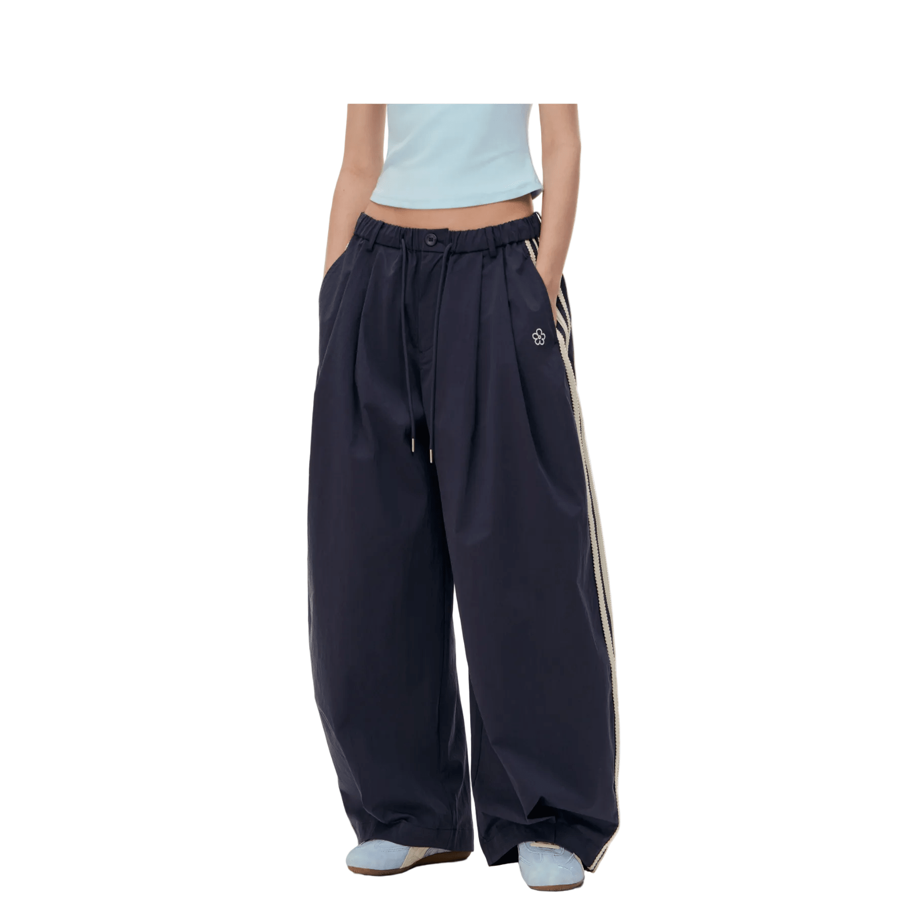 CLIMAX VISION Navy Blue Floral Embroidered Side Striped Wide - Leg Pants | MADAX