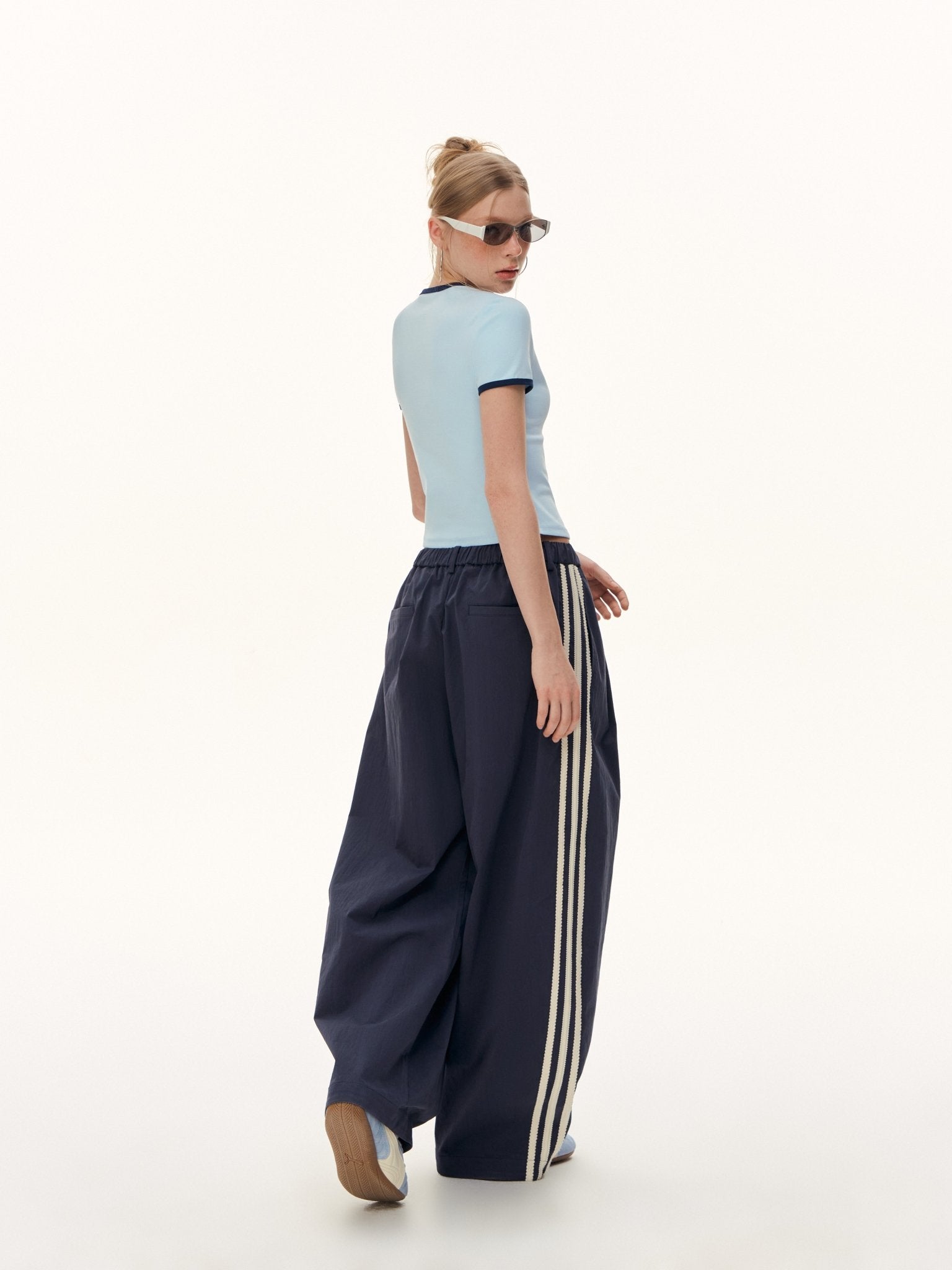 CLIMAX VISION Navy Blue Floral Embroidered Side Striped Wide - Leg Pants | MADAX