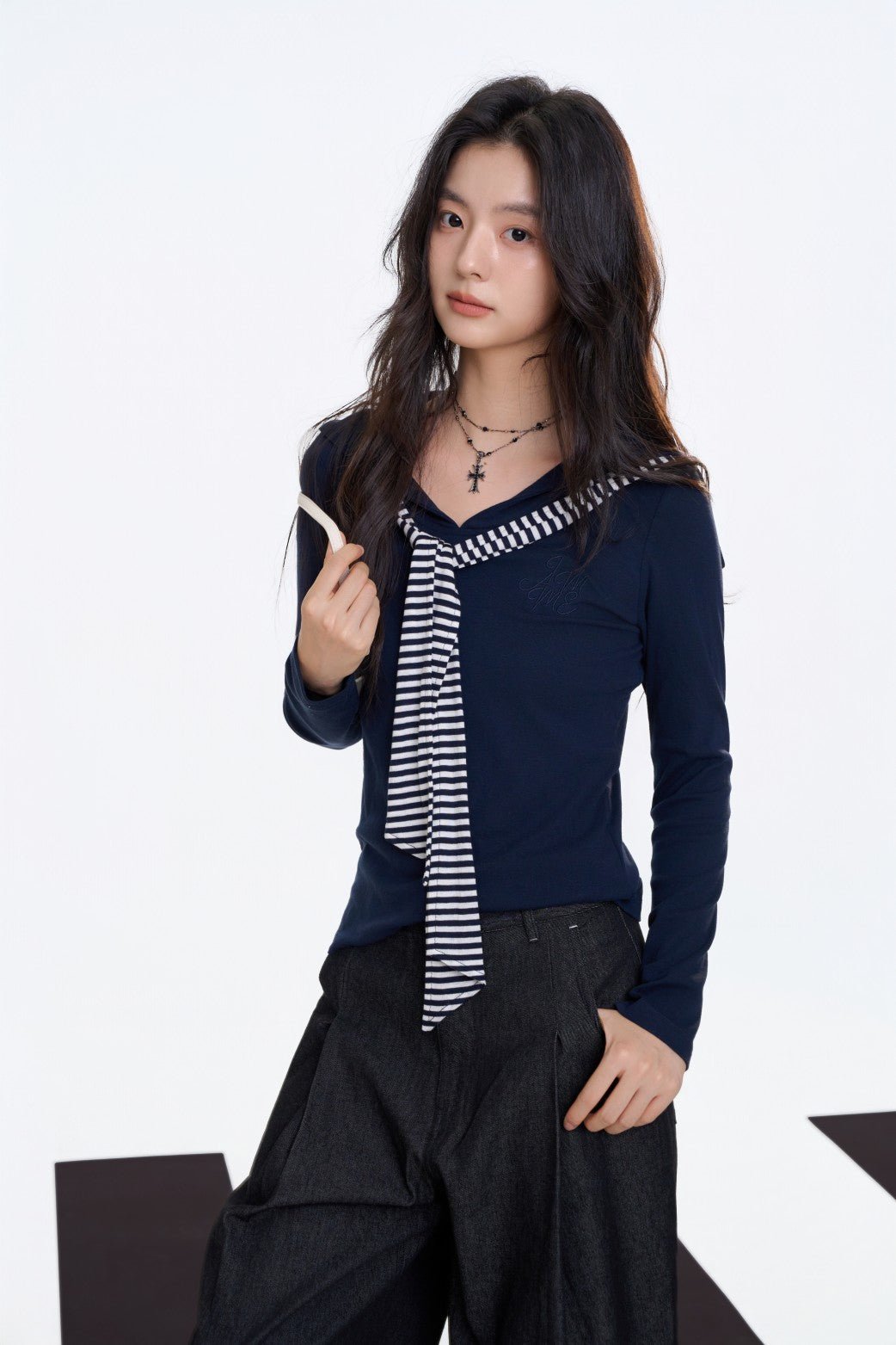 AIMME SPARROW Navy Collar Cape Top In Navy Blue | MADAX