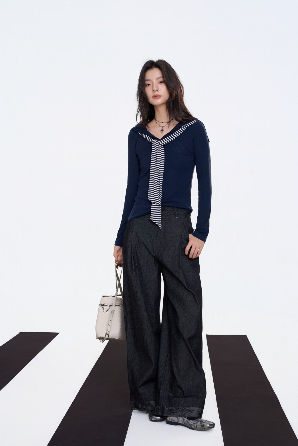 AIMME SPARROW Navy Collar Cape Top In Navy Blue | MADAX