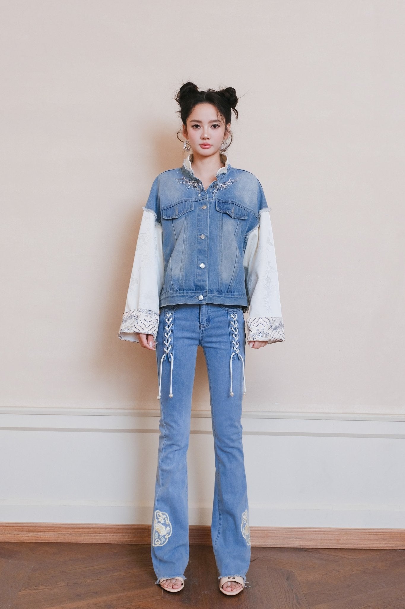 AIMME SPARROW New Chinese Style Embroidery Sequin Patchwork Denim Jacket Blue | MADAX