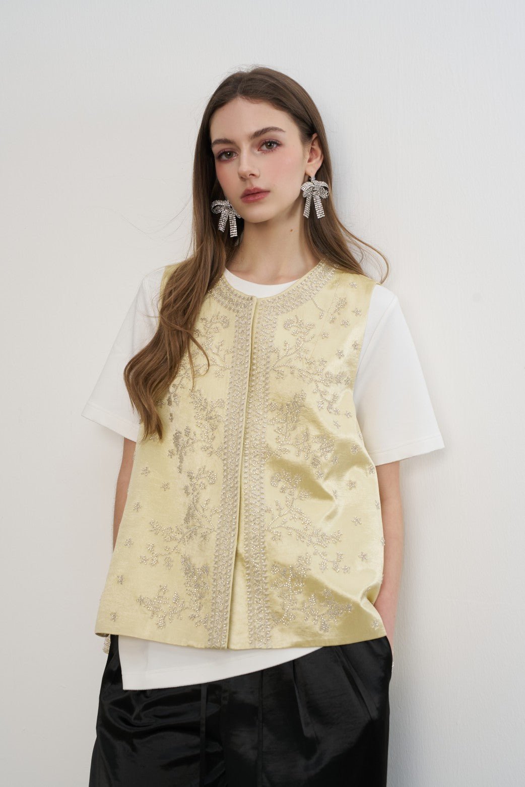 AIMME SPARROW New Chinese Style Leaf Beaded Vest In Yellow | MADAX