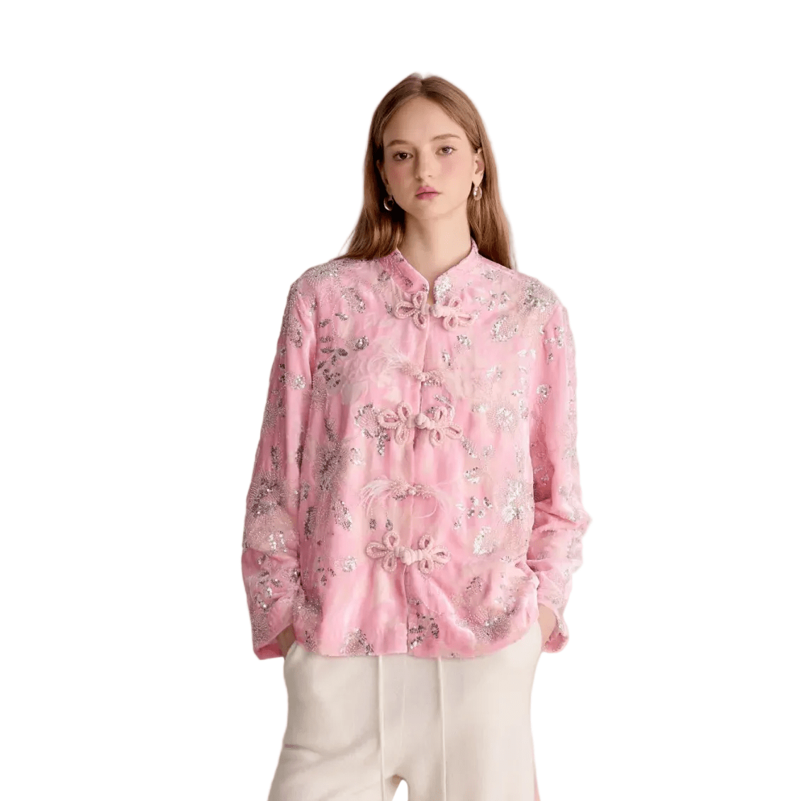 AIMME SPARROW New Chinese Style Sequin Embroidered Jacket In Pink | MADAX