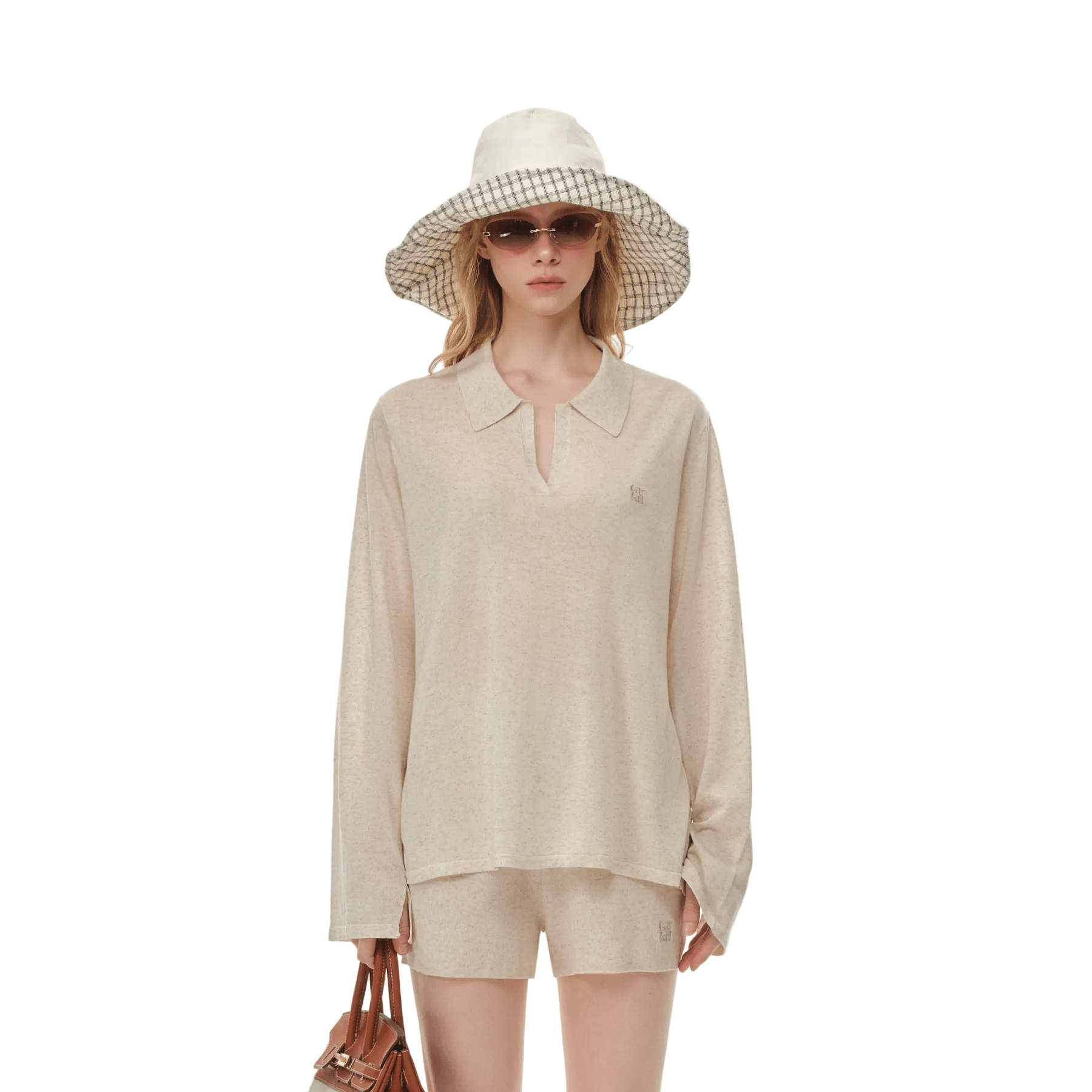 CLIMAX VISION Oatmeal - colored Tencel Linen Cool Polo Long Sleeve | MADAX