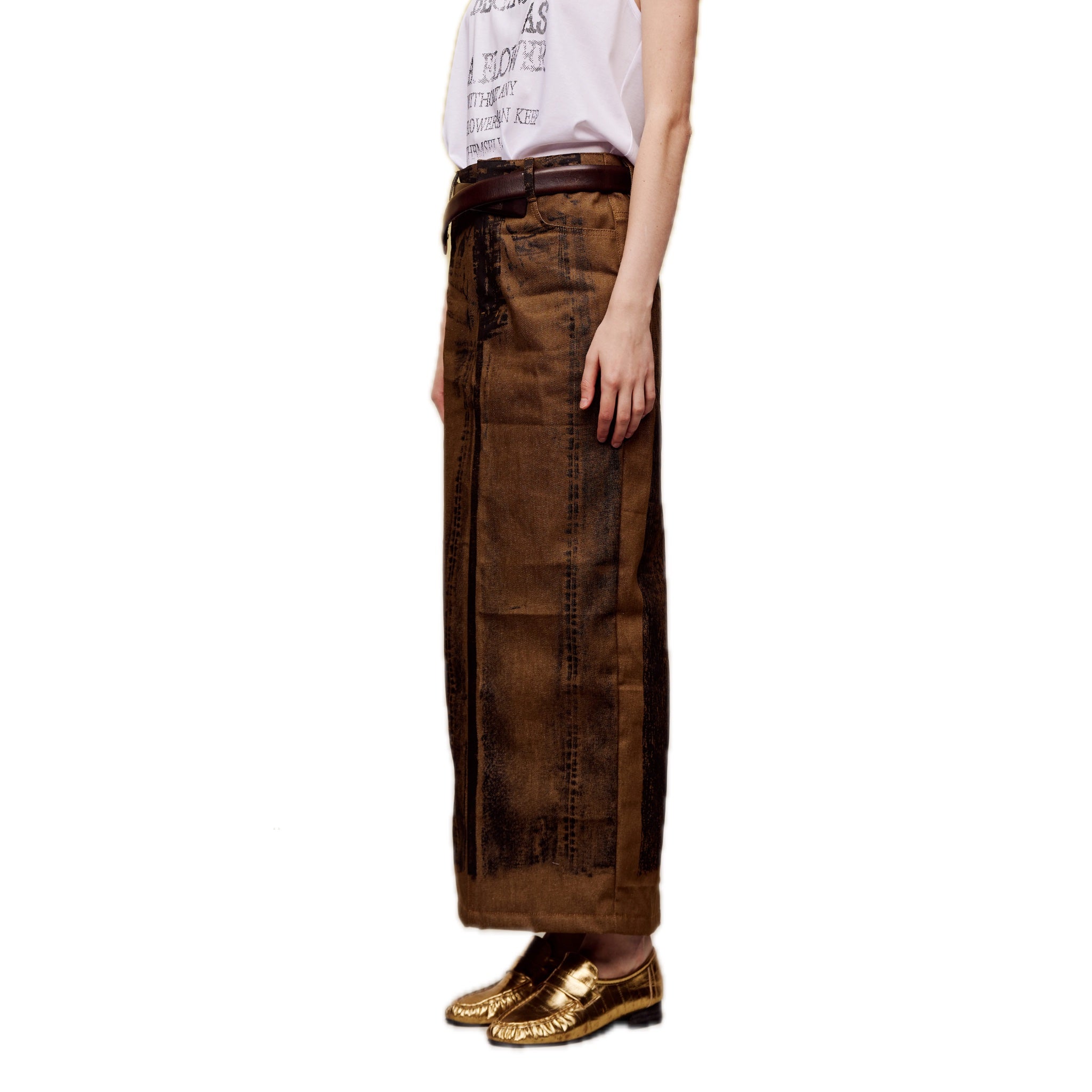 ilEWUOY Off-set Printed Denim Long Skirt in Brown | MADA IN CHINA