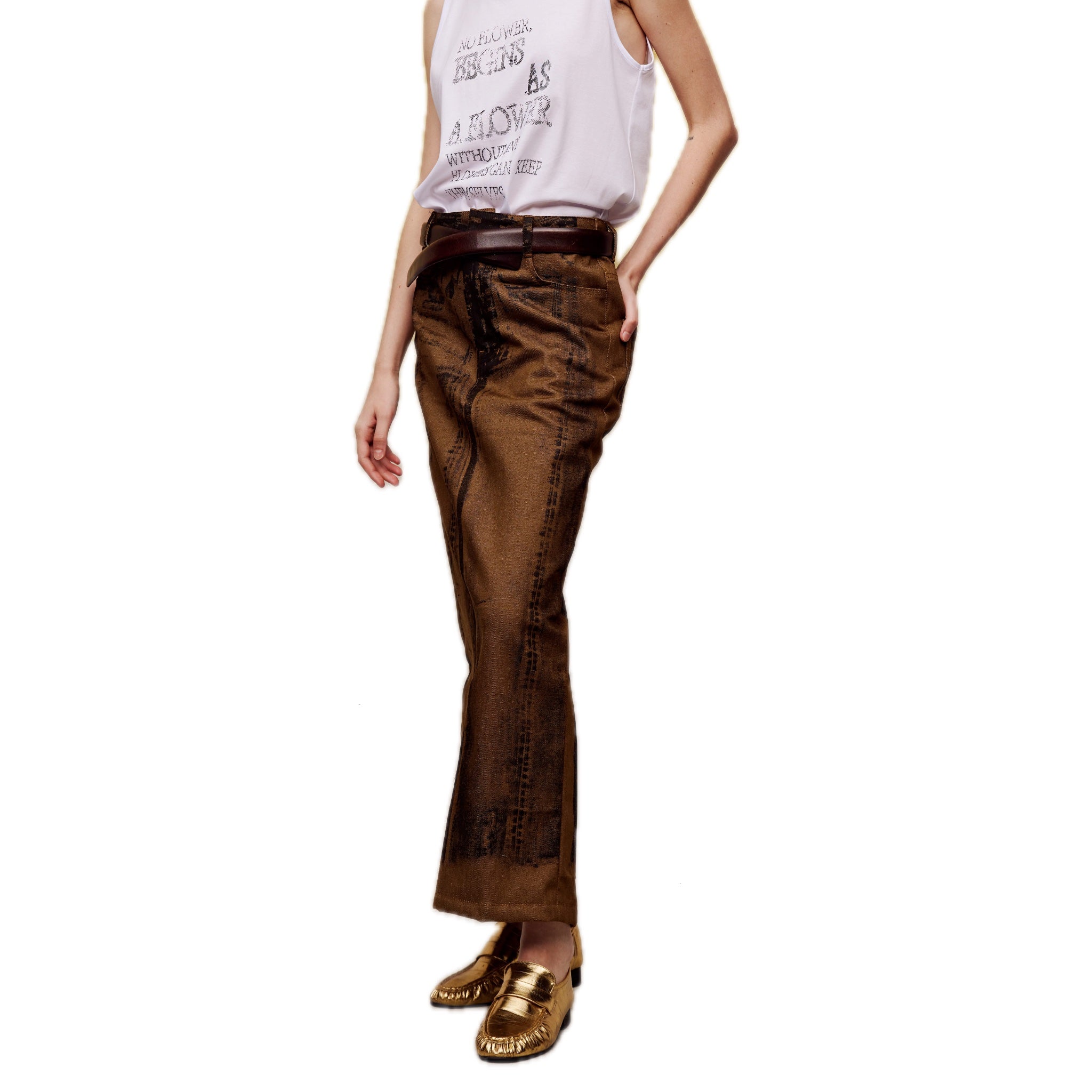 ilEWUOY Off-set Printed Denim Long Skirt in Brown | MADA IN CHINA