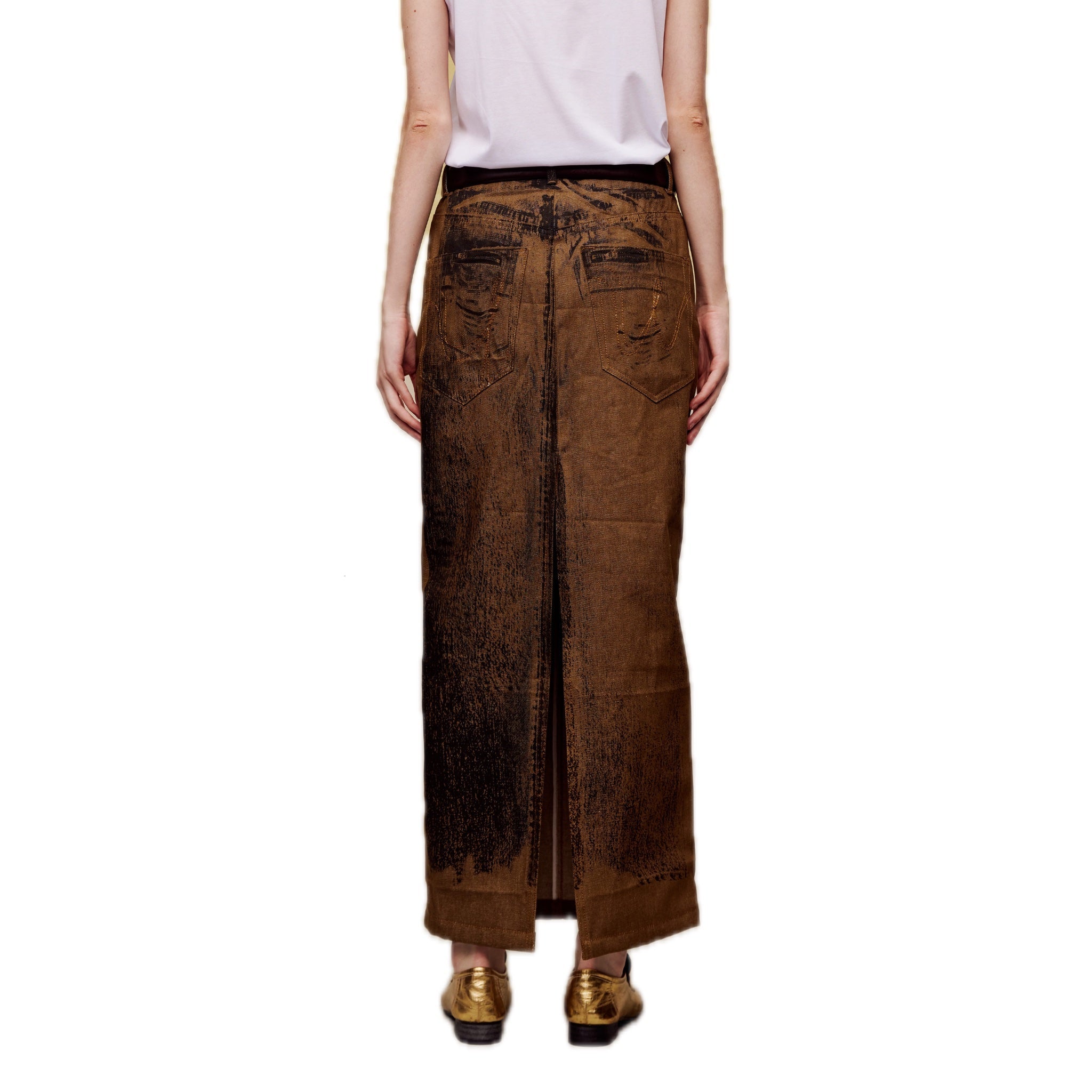 ilEWUOY Off-set Printed Denim Long Skirt in Brown | MADA IN CHINA