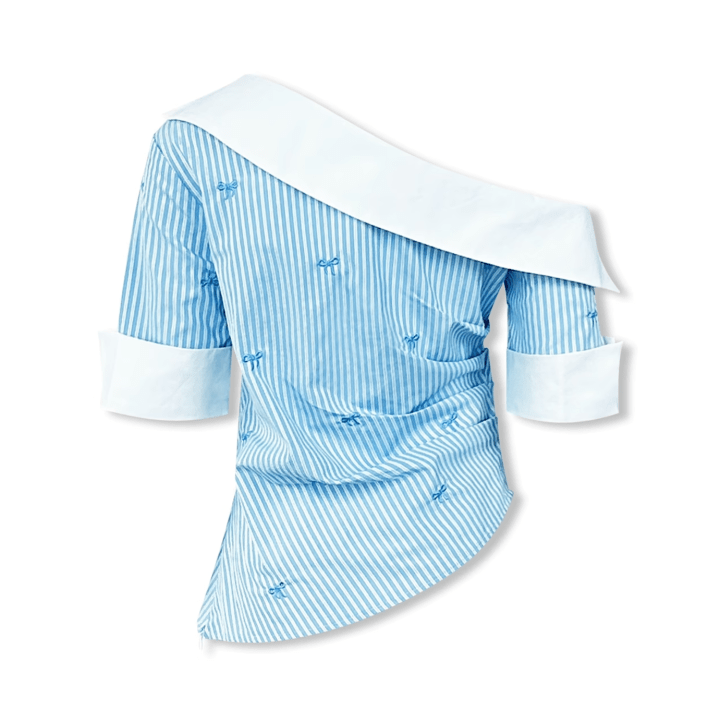 NOT FOR US Off - shoulder Butterfly Embroidery Short - sleeved in Blue | MADAX